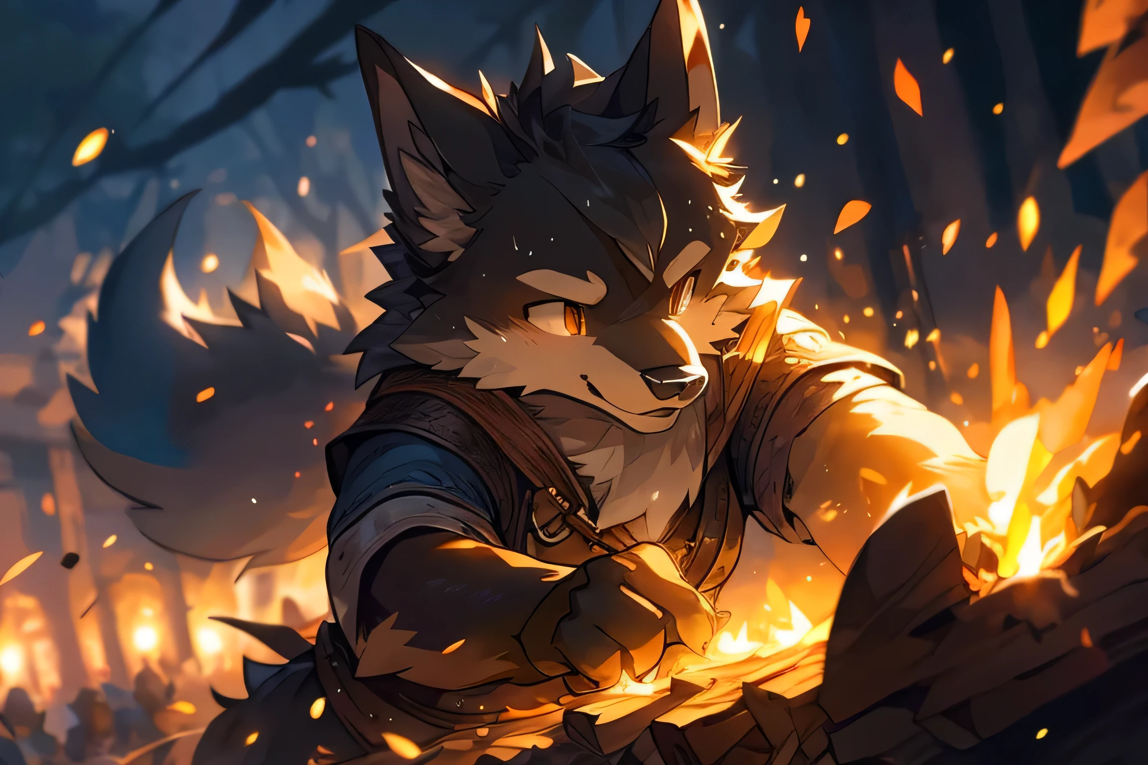 furry, blacksmith, wolf, sweat, warm light, particles, natural lighting, windy, proud, hard lighting, dynamic lighting, depth of field, warm colours, realistic, particles, twinkling,