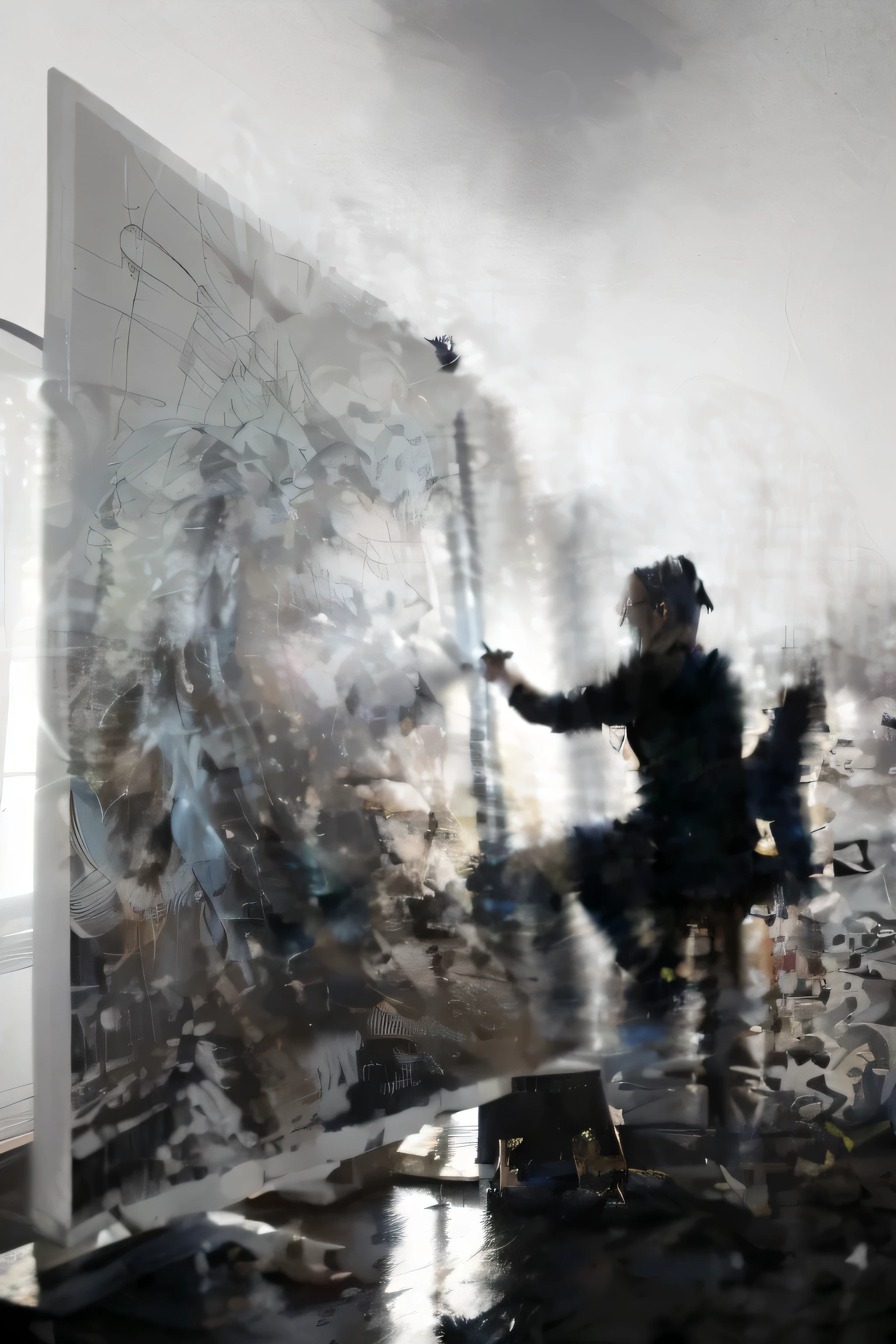 imagem de um artista homem, Realistic, fotografia, good lighting, artista sozinho pintando, cabelo de artista em estilo samurai, cabelo amarrado, rosto do artista no controlnet 1 o rosto do artista precisa estar bem claro. The painting on the screen is in controlnet 2