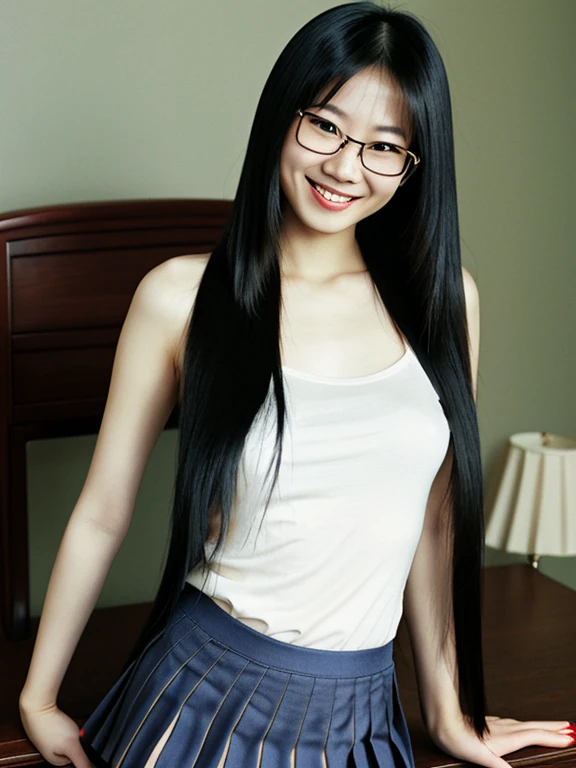 asian, glasses,  small breasts, topless, smile, sexy pleated skirt, tights, long straight hair, long legs