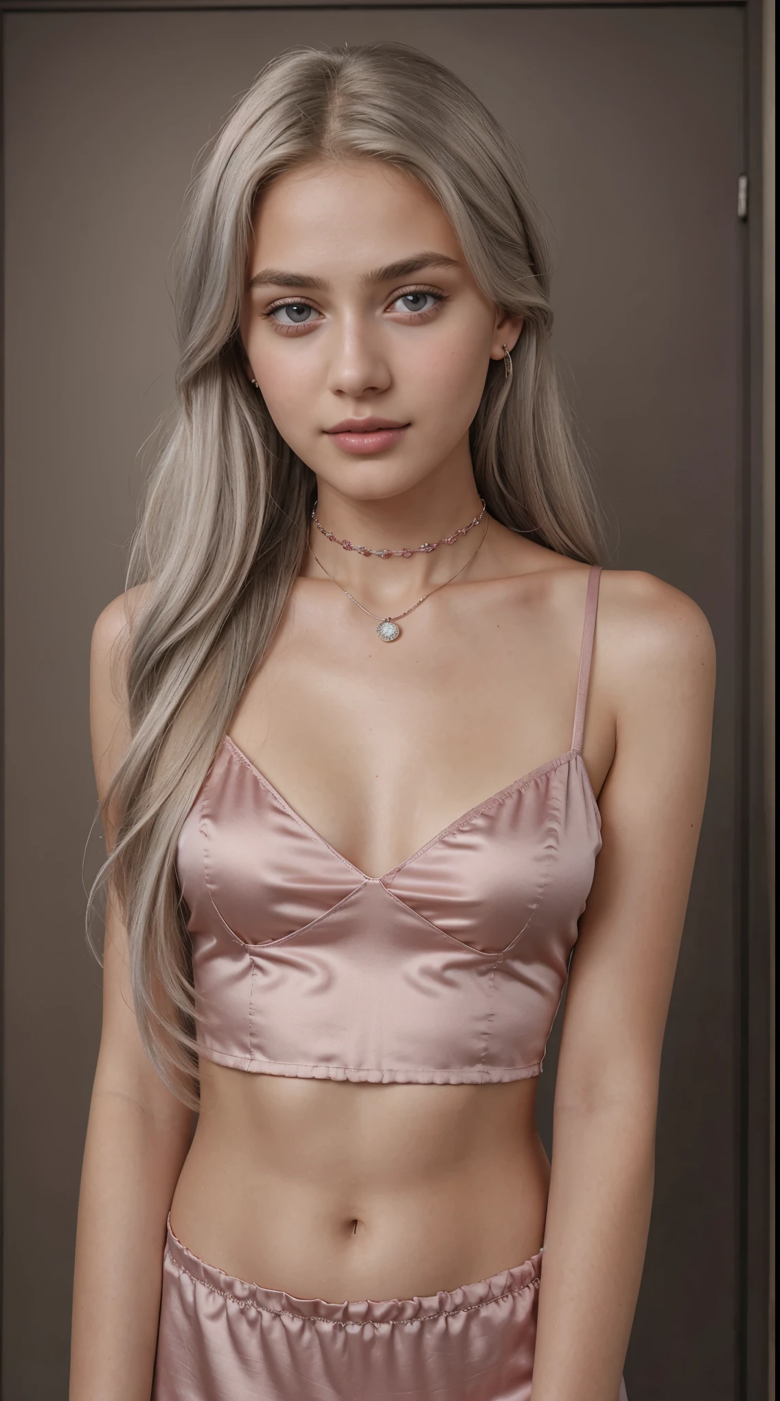 Masterpiece, realistic, ultra hd, 13 year old girl, Alone, Long gray hair, , view the viewer, Blonde hair, shoulder, Brown eyes, jewely, Full body, choker necklace, nose pin, small breast, cropped shoulders, pink silk slip, Open lips, actual, nase, flirting with the camera
