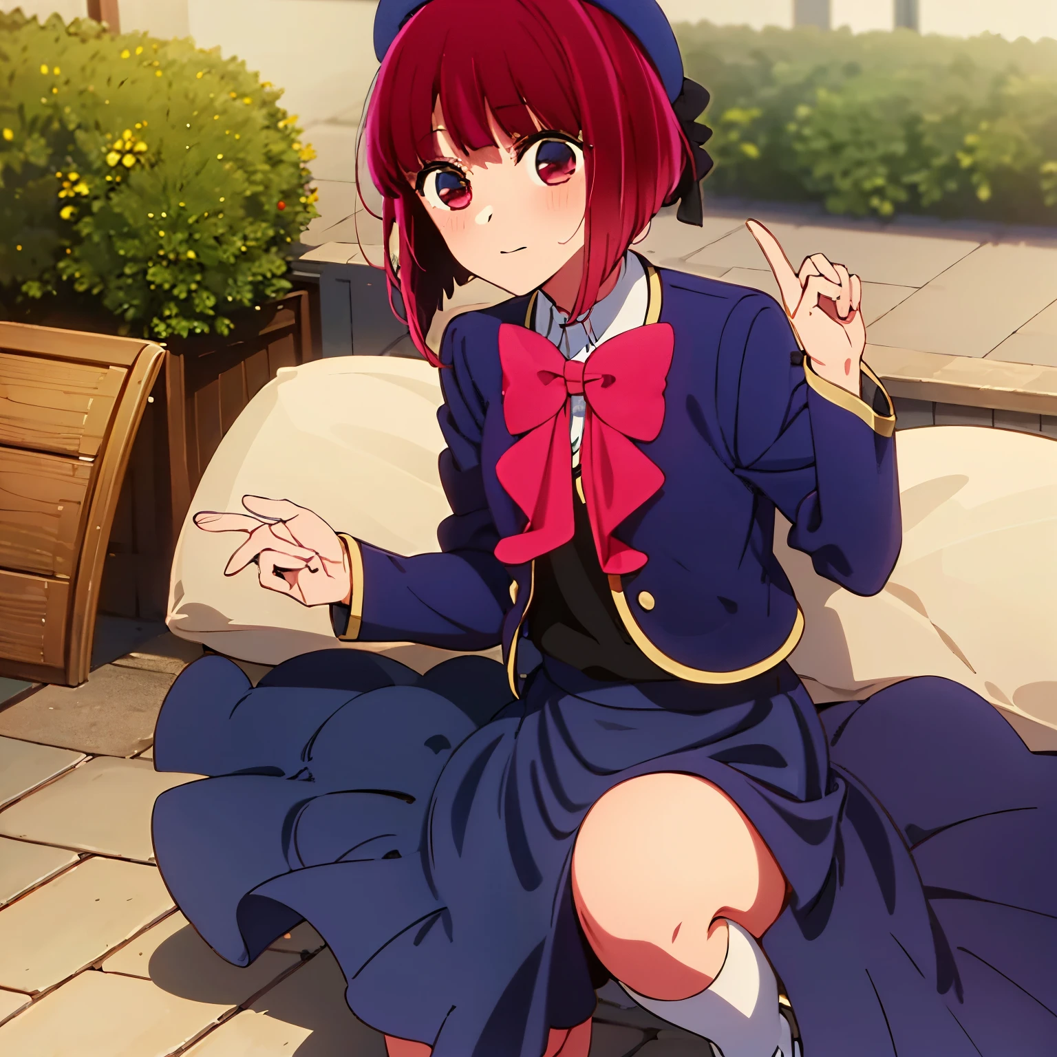 (masterpiece, best quality, highres),1girl,alone,good hands,good anatomy , arima kana \(oshi no ko\),
school_uniform, blue beret, pink_red bowtie, blue_jaket, miniskirt,