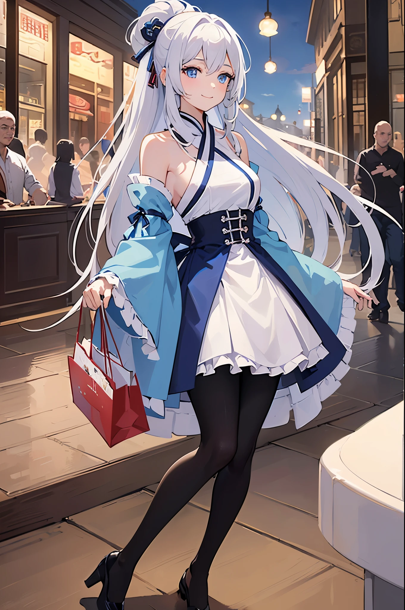 (Masterpiece), (Best Quality), (Super Detailed), (Dirty Hair), (Illustration), (1 Girl) (Long white Hair 1.5) (Blue Eyes) (blue inner hair), ((((No Shoulders))),Hanfu, (Looking at the Audience, (Interview), ( Background), Beautiful and Delicate Eyes, Delicate Beautiful Face, Soaring (High Saturation), Accent on Face, PerfectNwsjMajic, Shoulderless, fall clothes, facing the masses, perfect figure, happy, warm smile, full body, tights, shopping, mall, date