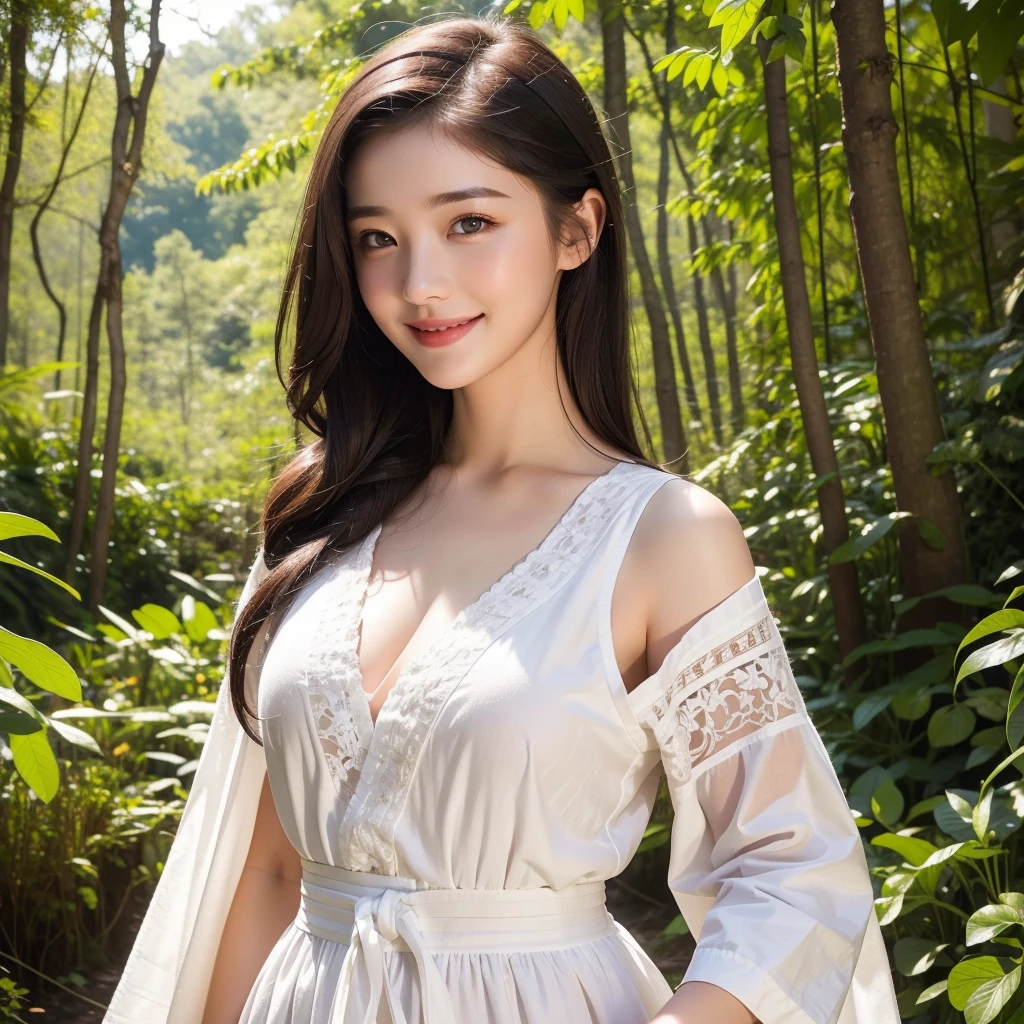 full body of a beauty girl 18yo white skin wear traditional europe long white dress clothes, intricate design, beauty eye and smiling face, daylight in deep forest, high detailed, 8k, realistic photograph
