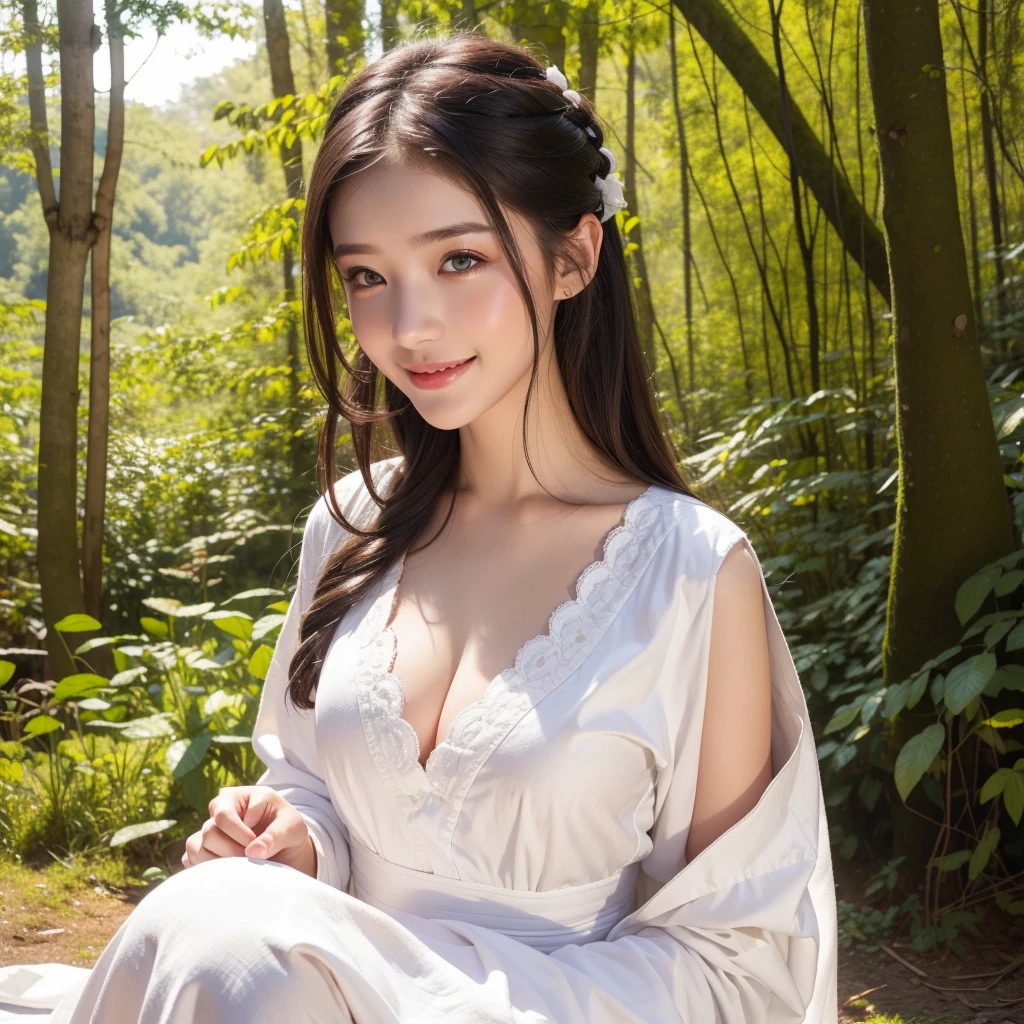 Beautiful Japanese Women Photos、22 years old、alone、Medium-long brown hair、Hairpan on the back of the head、Face Focus、(Light、Off-the-shoulder dress:1.5)、sunlight、A walk in the woods、bracelet、necklace、Blobby Background、From above、Cleavage、(8K、Highest quality、Tabletop:1.2)、(Realistic、Photorealistic:1.37)、Super detailed、One Girl、cute、alone、(Beautiful attention to detail)、(smile)、Mouth closed、Sharp focus、Depth of written boundary、Good composition、Complex、Bokeh、Toned body、Wide Hips、Narrow waist、Toned arms、Broad shoulders、whole body、