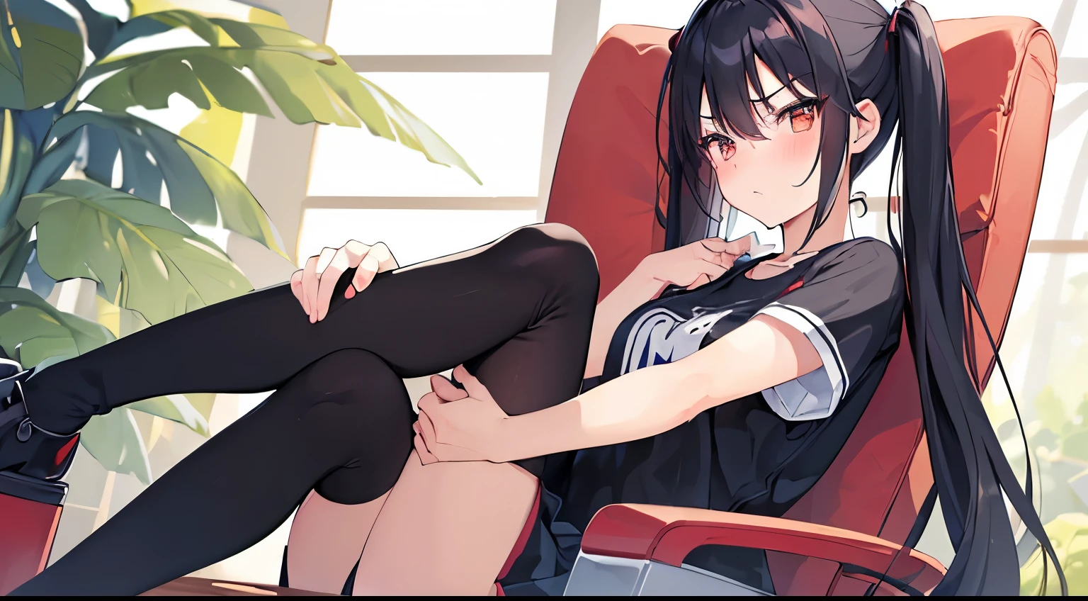 ((masterpiece:1.2, best quality)), one girl, girl with arms crossed, black hair, straight hair twintails, tsundere, the girl is angry, blush cheeks, body is turned to the side, legs crossed, sitting in a chair