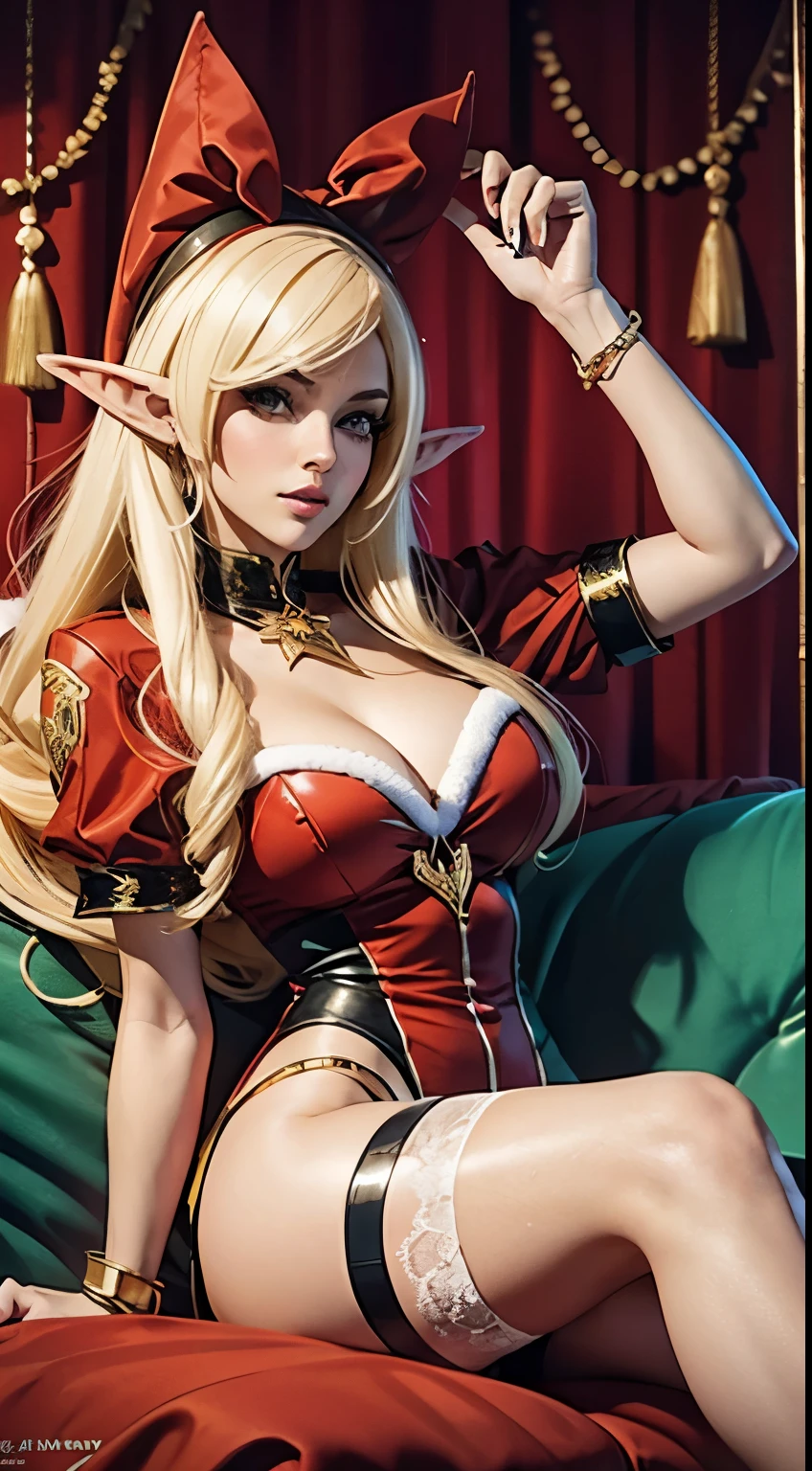 blond woman in santa outfit sitting on a couch holding a green and red christmas tree, v from devil may cry as an elf, burlesque elf, lola bunny fanart, 4 k, 4k, glamourous , , gorgeous stella maeve magician, thumbnail, senna from league of legends, santa, qiyana, jessica nigri, ashe from overwatch