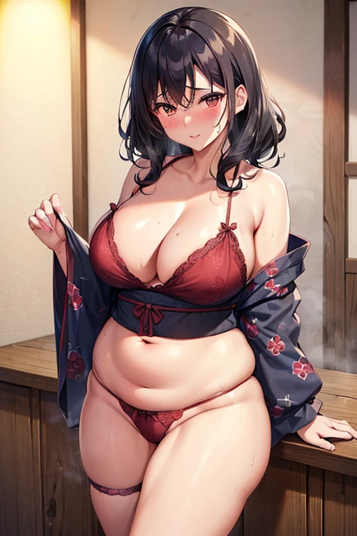 {((​masterpiece),Cowboy Shot２.0,A MILF, Female around 45 years old,, Black hair,(Photorealsiticです,Photorealsitic:1.37) (Plump:1.2), ,(A MILF:1.3、Curly hair、Red sexy lingerie）、（Open Japanese pattern yukata 1.4、navy obi),legal nudity、(steam,blush:1.3),, full of sweat, , （ old inn 1.3),(nighttime scene:1.3)Detailed drawings)}