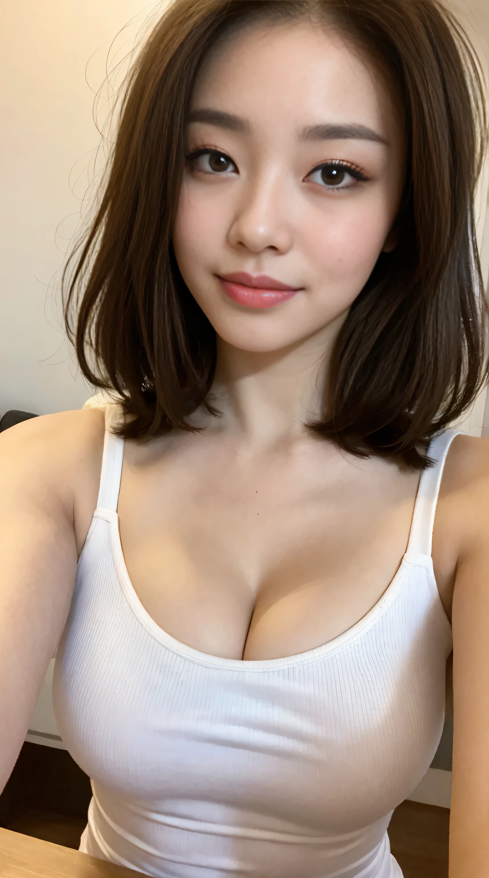 ((Best picture quality, 8K, a masterpiece of:1.3)), 1girl huge large breasts, Beautiful woman with slender abs:1.3, (Casual hairstyle, :1.2), Sexy dress，Ultra-fine face, detailed eye, 二重まぶた，Smile with。Take pictures in cute pose，A big-breasted，Close-up，Close-up chest，White-skinned，beautiful in the background