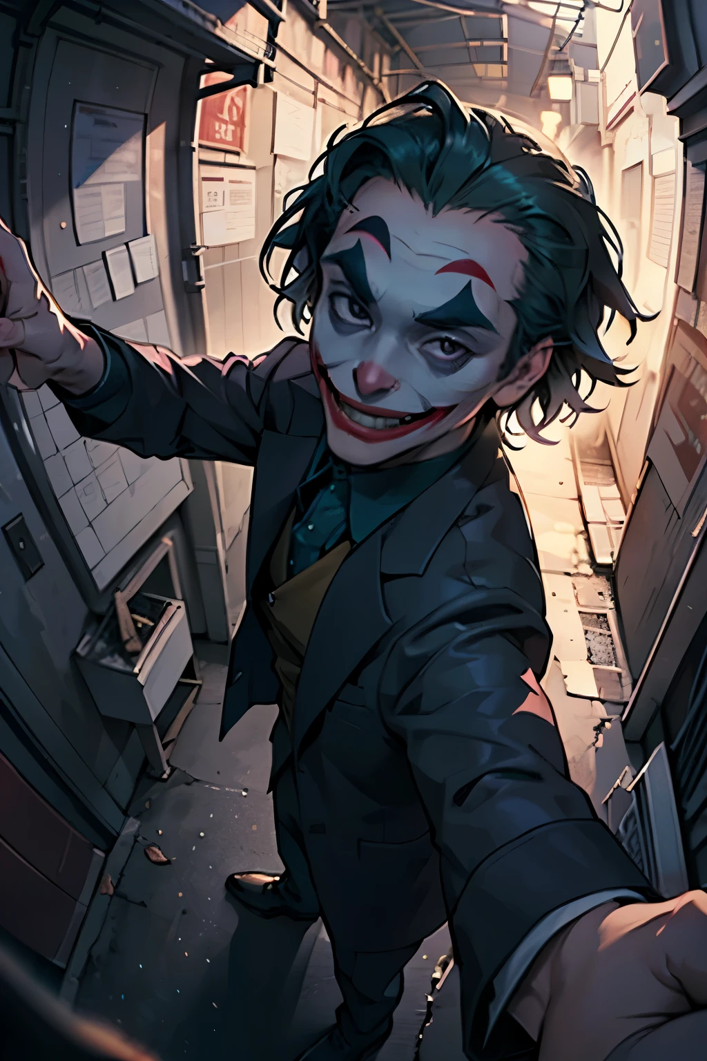 ( Masterpiece, best quality, cinematic lighting, backlit, rim light, hard light, fisheye:1.2 ), (( high angle shot overhead pov )), ( dark alley street:1.2, joker from batman, various hand gestures against viewer , looking at viewer), narrow face:1.5, long face.1.7, sunken cheeks:1.6, smiling from eye to eye:1.8, wearing purple suit, ( ambient lighting, under exposure, 8K, UHD)