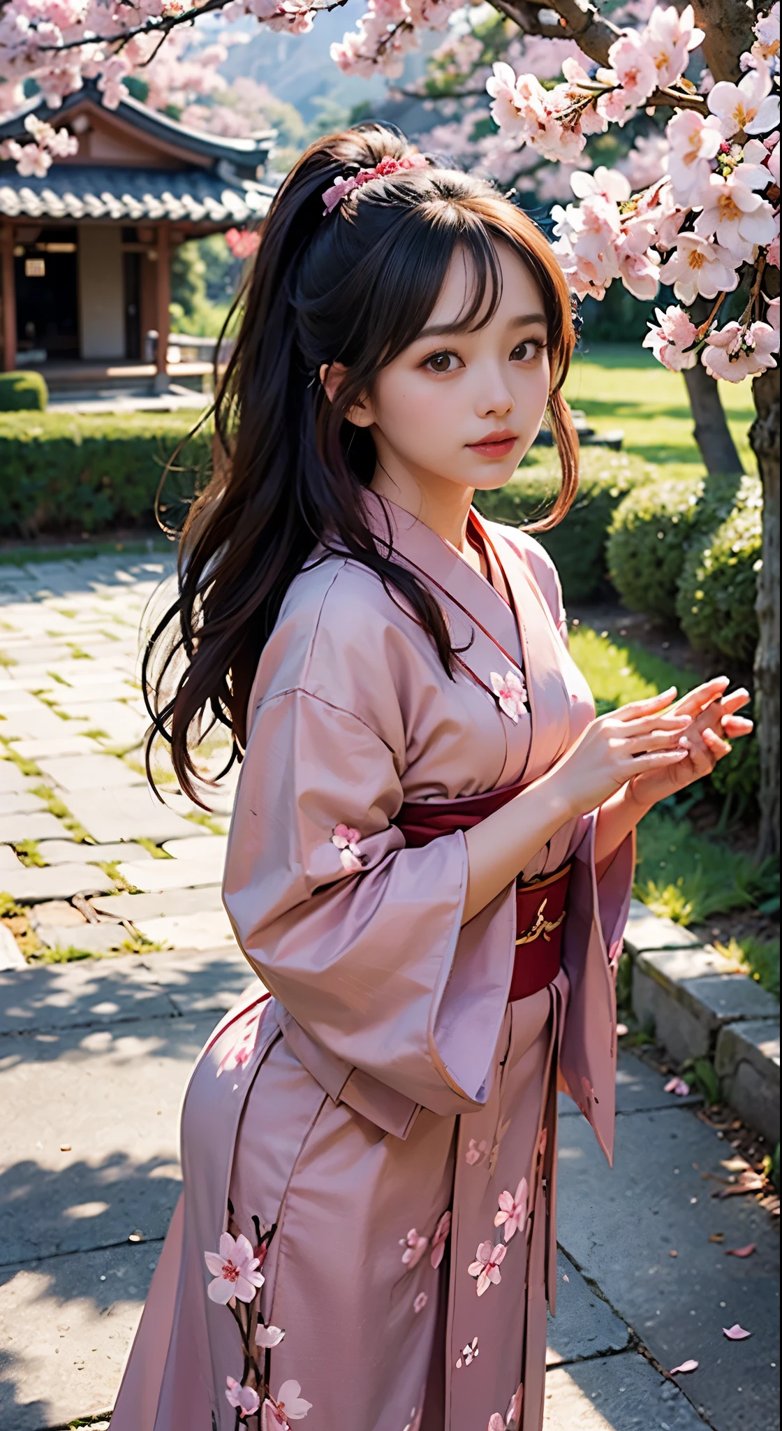 ((top-quality)), ((masterpiece)), (detaileds:1.4)、in 8K、best qualtiy,full bodyesbian,(Wave goodbye),Soft light, Smile,Peel,wetted skin(depth of fields),超A high resolution,RAW Photos,Geta,foot bag,Kasa、geta、tabi、japanese kimono(Cherry blossom color yukata flower) Ponytail dark brown hair hairpin holding fan background torii shrine、weeping willow、Dancing cherry blossoms