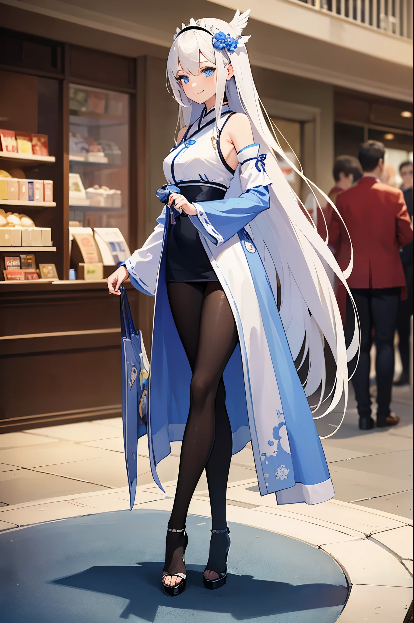 (Masterpiece), (Best Quality), (Super Detailed), (Dirty Hair), (Illustration), (1 Girl) (Long white Hair 1.5) (Blue Eyes) (blue inner hair), ((((No Shoulders))),Hanfu, (Looking at the Audience, (Interview), ( Background), Beautiful and Delicate Eyes, Delicate Beautiful Face, Soaring (High Saturation), Accent on Face, PerfectNwsjMajic, Shoulderless, fall clothes, facing the masses, perfect figure, happy, warm smile, full body, tights, shopping, mall, date