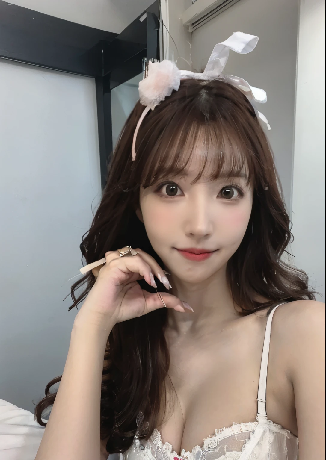incredibly absurd, beautiful and cute 20-year-old Korean girl with a photorealistic face, showcasing top-quality craftsmanship. Her slender frame adorned with short, messy hair. The artwork high-resolution, allowing for ultra-detailed features to be captured flawlessly. The girl depicted naked. The focus lies on the realistic pupils, showcasing depth and emotion. ((breasts out)) cute smile.