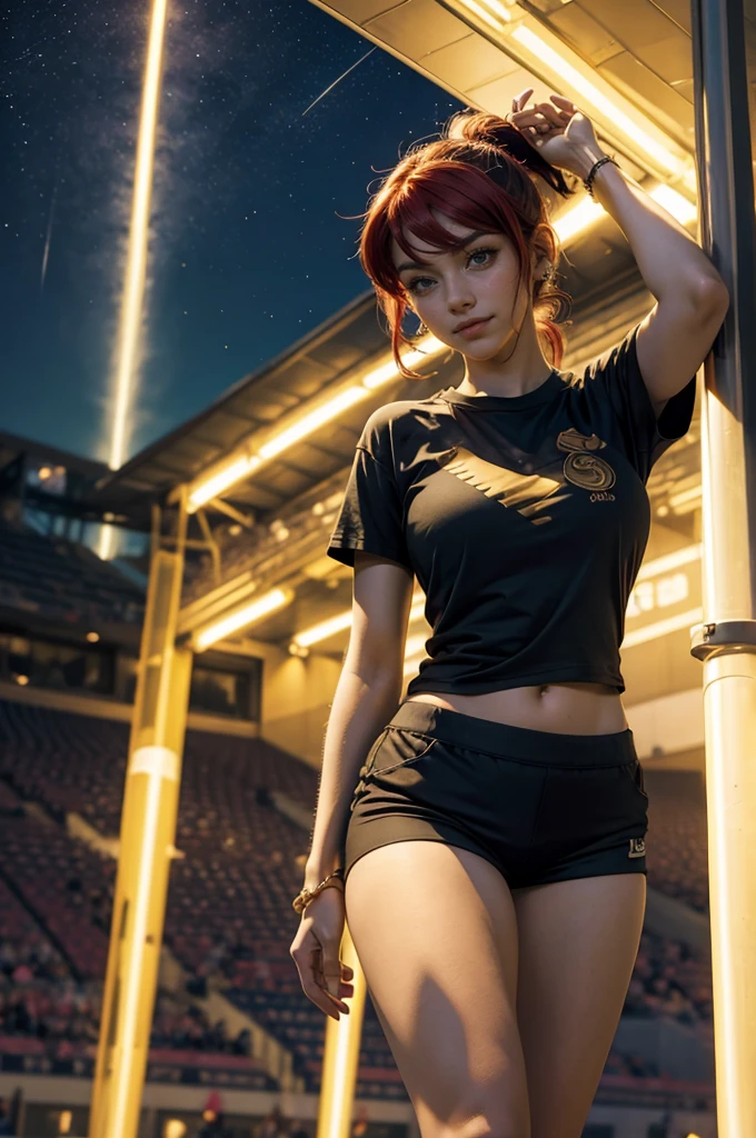 masterpiece, best quality, pyrrha nikos, ponytail, circlet, T-shirt, large breasts, yoga_shorts, shorts, looking at viewer, furrowed brow, smile, night, night sky, stars, standing in stadium, crowd