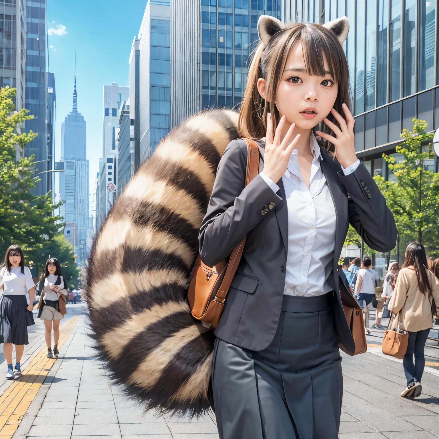 A woman wearing a pleated skirt with a raccoon tail, anthropomorphic raccoon, けもの, realistic, a picture, top-quality, Surprised face , Troubled face, Her skirt is flipped up and her tail is visible., Realistic tail