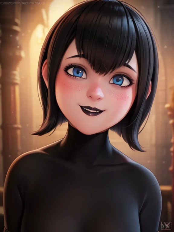 (dark theme:0.6), mevis, 1girl, short hair, black hair, solo focus, black eyes, makeup, lipstick, black lips , smile (hdr:1.22), muted colors, complex background, hyperdetailed, art [[by jordan grimmer]]