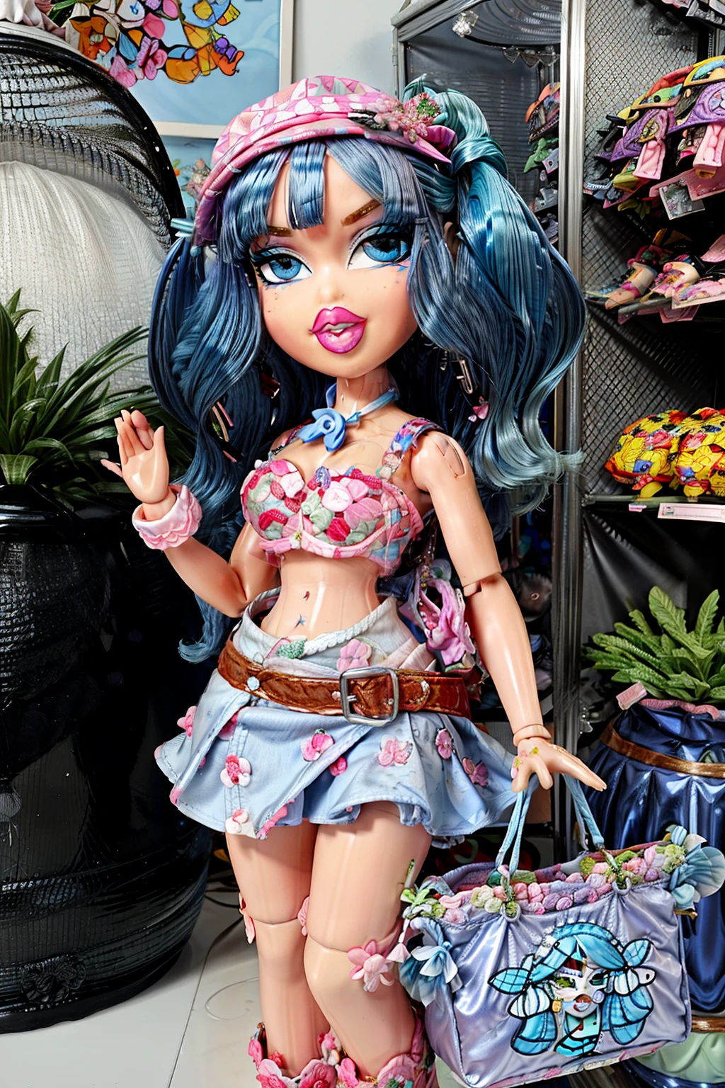 Bratz girl with detailed eyes and big lips and grey hair, wearing versace colorful flowers dress, full body , plastic skin , doll joints , ,(masterpiece, top quality, best quality, beautiful and aesthetic:1.2), kawashiro_nitori_touhou, doll, revealing clothes, big head, 1girl, solo, breasts, curvy, wide hips, narrow waist, joints, doll joints, cleavage, bursting breasts, huge breasts, lips, blue_hair, hair_ornament, hair_bobbles, two_side_up, blue_eyes, hat, short_hair, key, smile, bag, backpack, midriff, full body, high heels, thighhighs, long legs,