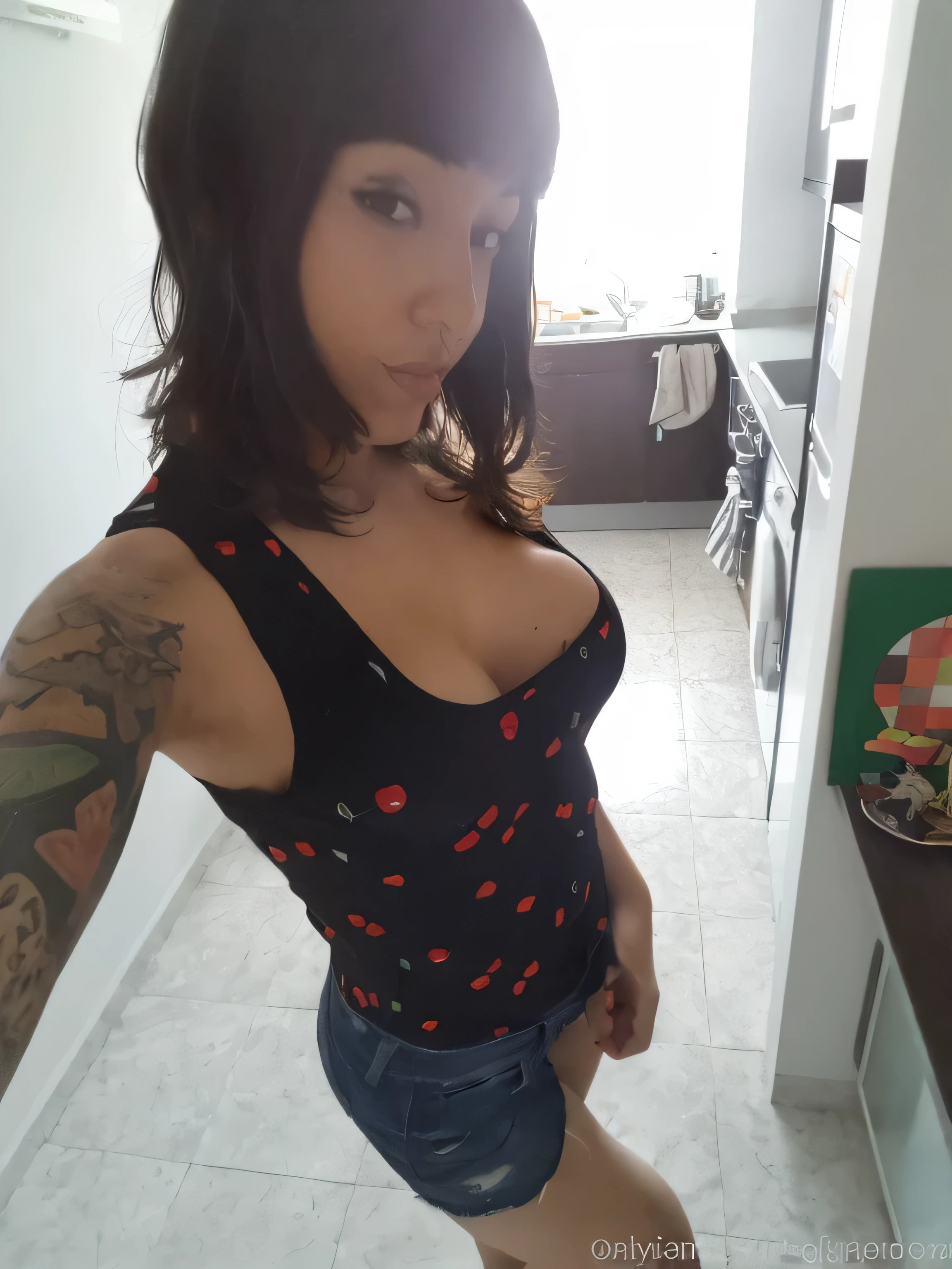 arafed woman with tattoos and a black top posing for a picture, in the kitchen, side boob, cleavage, , low cut top, wearing a cute top, with tattoos, sexy look at the camera, inked, upper body shot, wearing tight shirt, 2 4 year old female model, waist - shot, tiny black bra