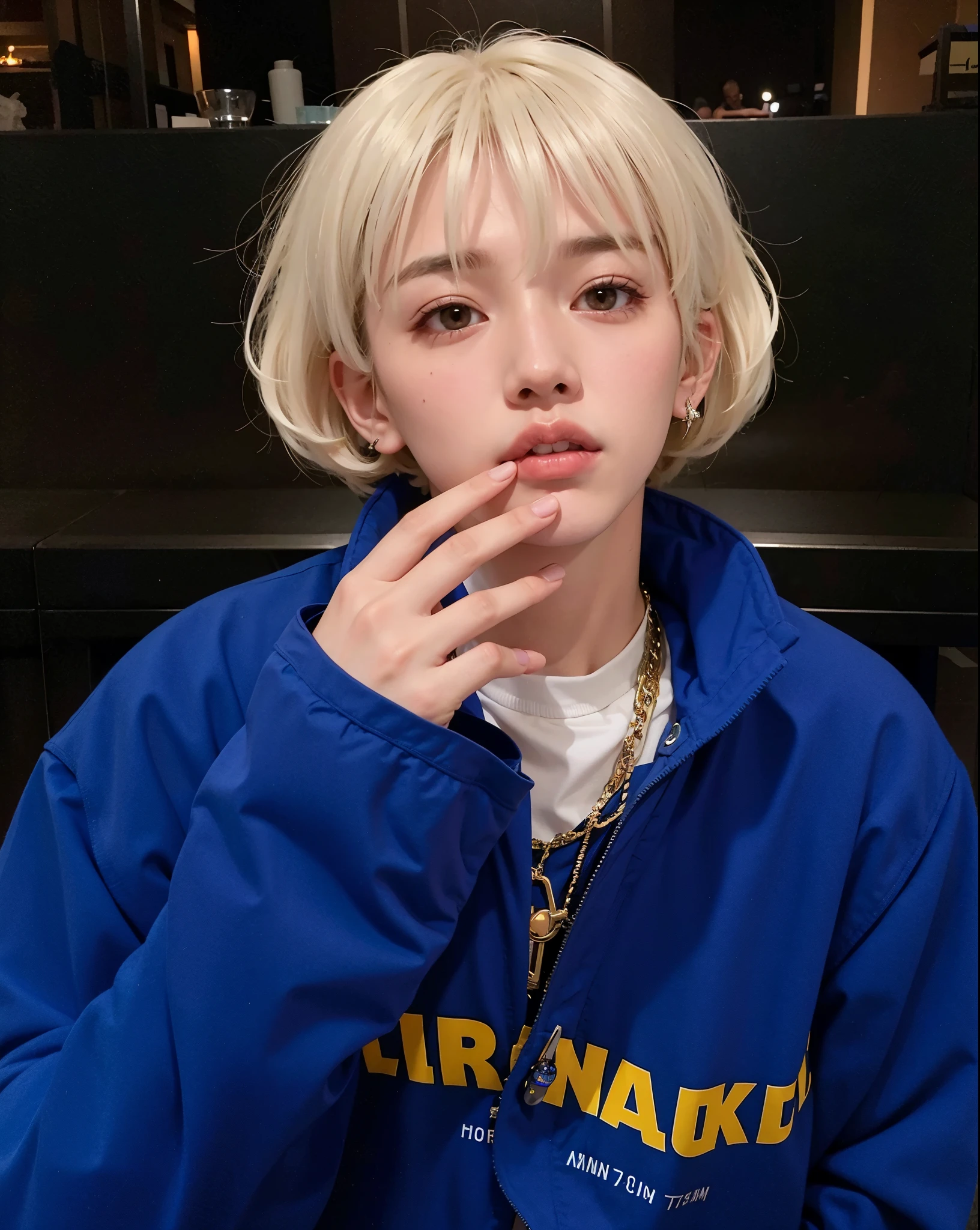 un primer plano de una persona con una chaqueta azul y una cadena, Ulzzang masculino, Kim Doyoung, ulzzang, con el pelo corto, Cai Xukun, Jinyoung Shin, Hyung Tae, foto de perfil, XQC, Hong June Hyung, con pelo largo blanco, Taehyung comiendo papas fritas Gucci, cabello whitebangs cabello, con pelo blanco corto y ondulado