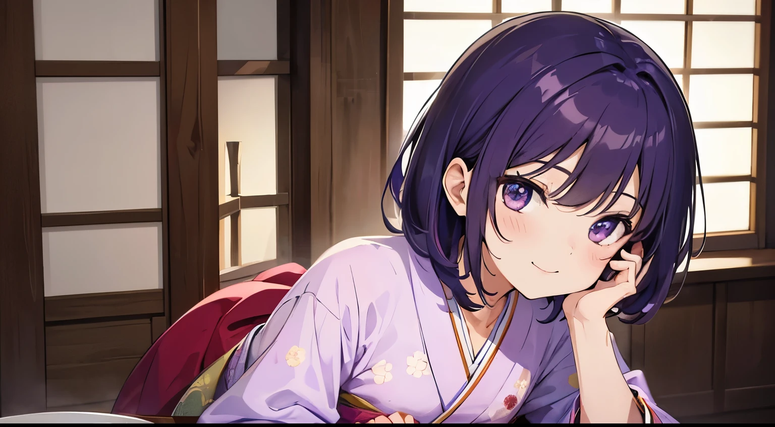 (tmasterpiece,4k wallpaper,best qualtiy))、((girl with1a person))、(独奏)、Brilliant,(Purple hair)、short-cut、a smile、close up of face、traditional Japanese room、kimono、January