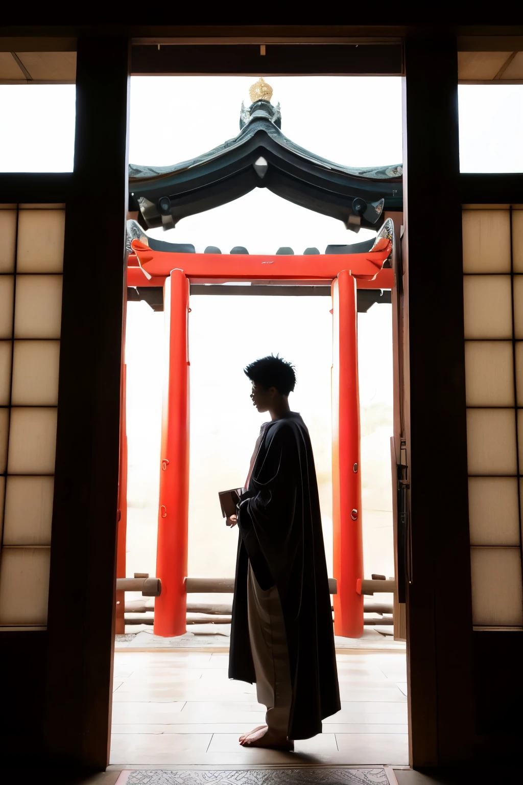 Shrine man tall praying shrine visit illustration back view