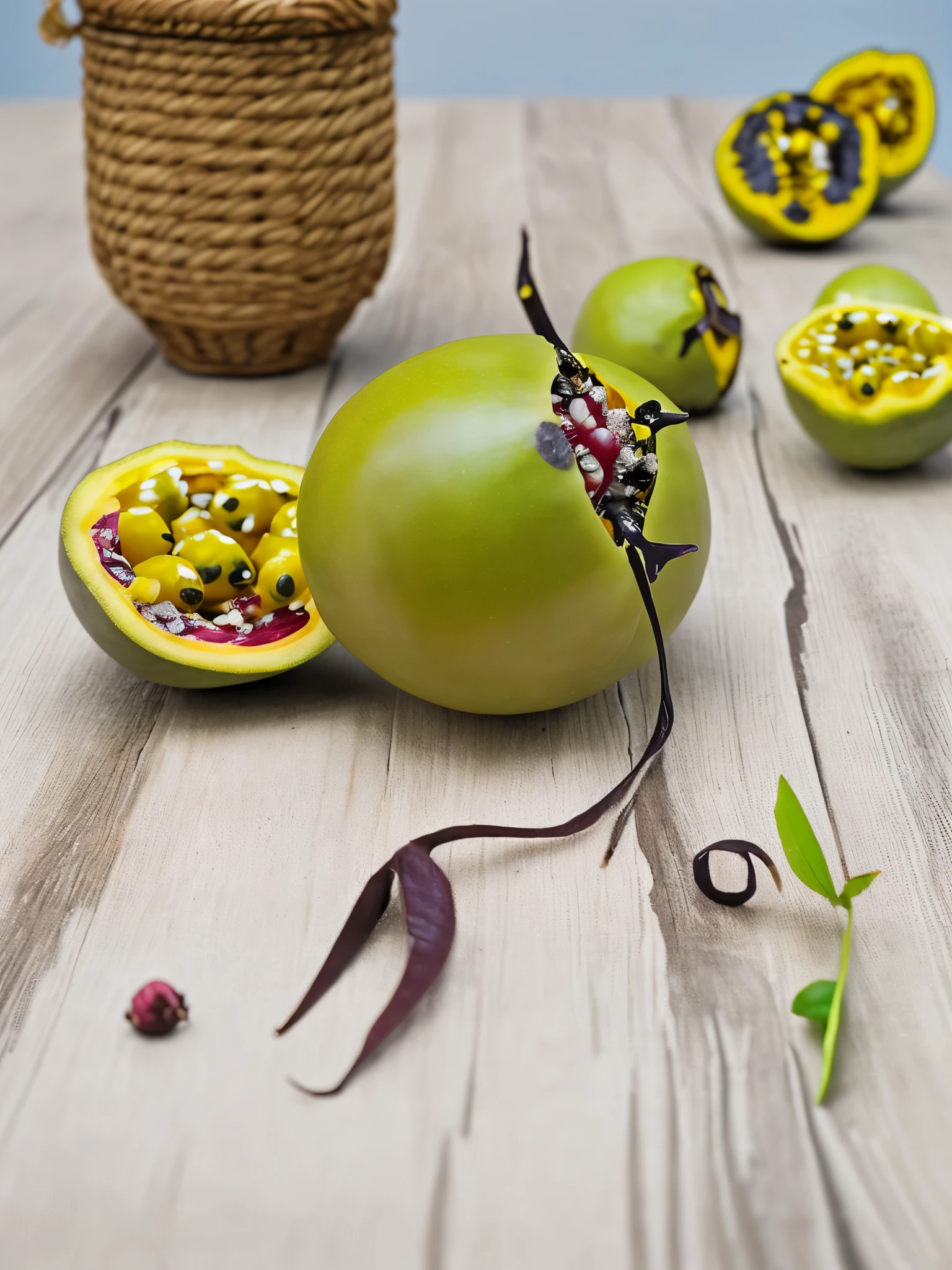 a whole passion fruit，and a cut passion fruit，The background is blurred，quality photography