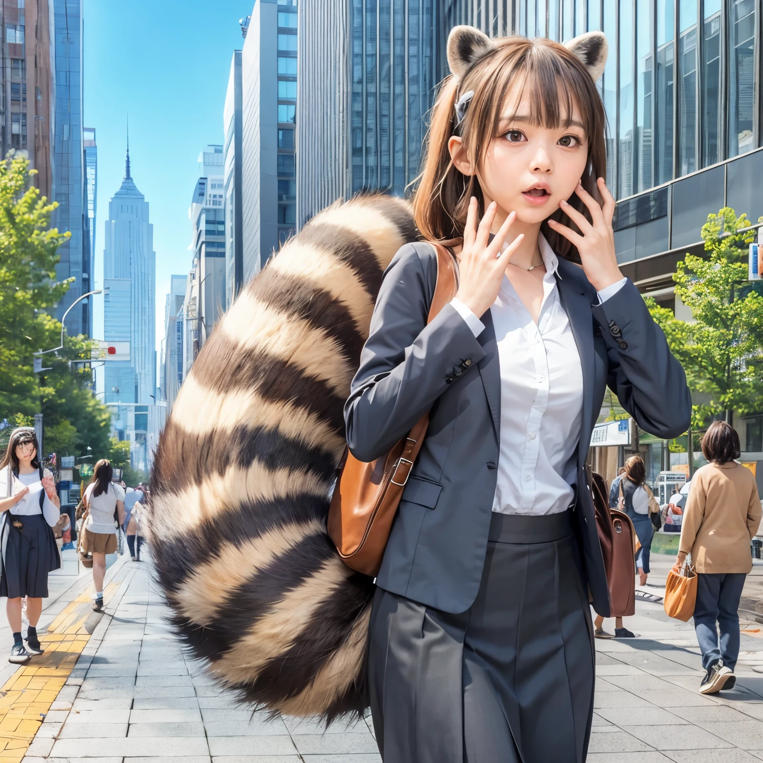 A woman wearing a pleated skirt with a raccoon tail, anthropomorphic raccoon, けもの, realistic, a picture, top-quality, Surprised face , Troubled face, Her skirt is flipped up and her tail is visible., Realistic tail