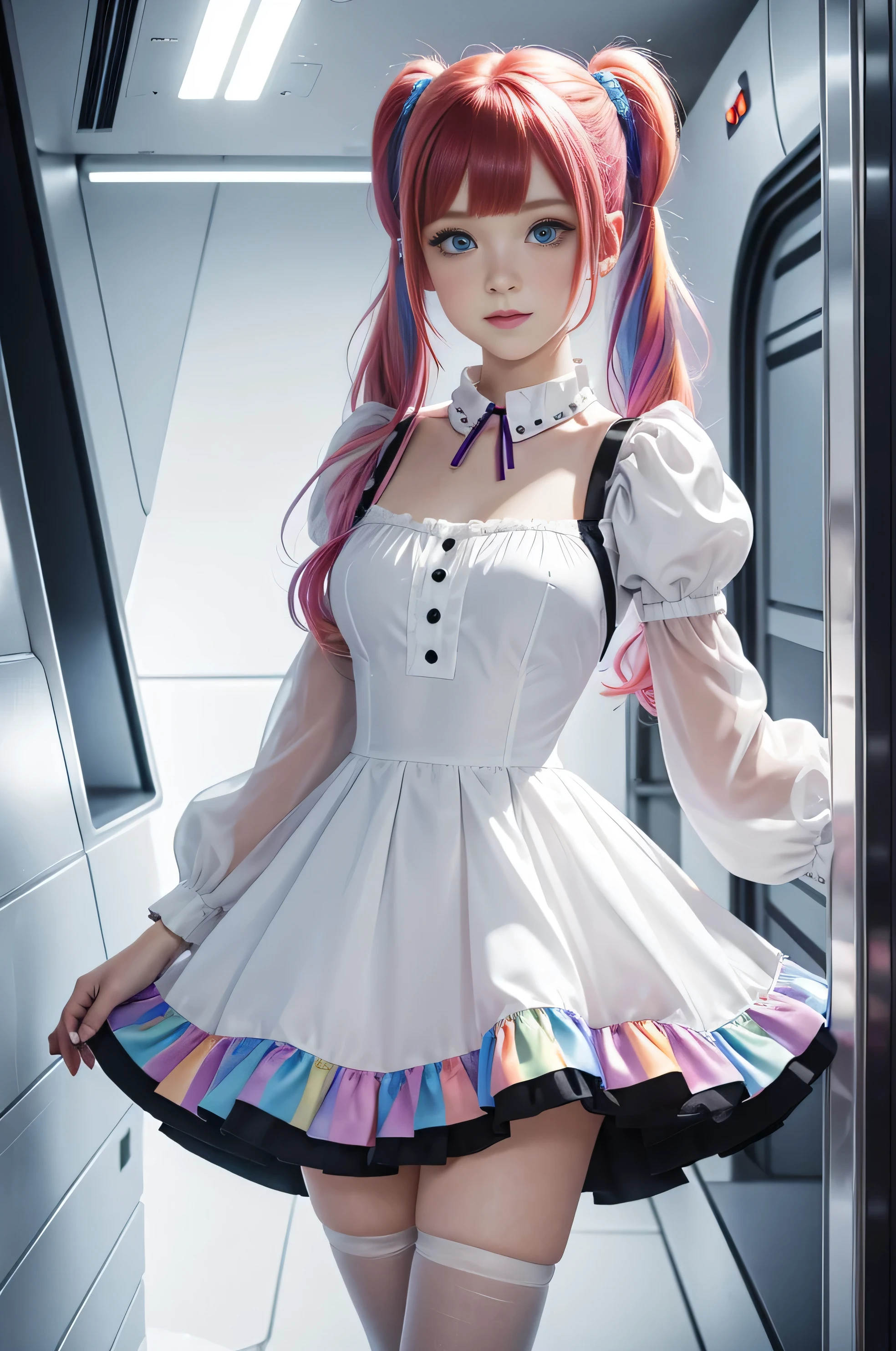 Cute redhead with rainbow colored hair tips, ribbons in her hair, 18-year-old woman, happy, in twin tails, perfect eyes, clear sparkling blue eyes, pale skin, silky smooth skin, standing on a fancy metal luxurious space ship, futuristic corridor, dark warm lighting, wearing a futuristic party dress, pleated (chemise) mini dress (pastel rainbow colors, and polka dots), puffy sleeves, silk, wearing full body pantyhose, cute short cut booties.