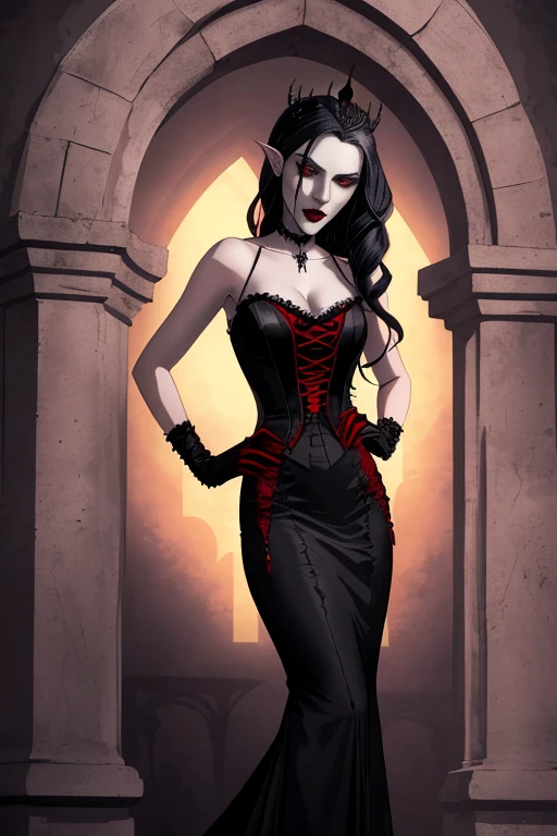 Arafed-Frau in einem schwarzen Kleid, die vor einem Steinbogen steht, Beautiful vampire female queen, Eine elegante Gothic-Prinzessin, beautiful female vampire, Ein Gothic-Kleid tragen, beautiful vampire queen, Vampir-Mode, Beautiful elegant demon queen, Beautiful creepy female vampire, Eleganter viktorianischer Vampir, Gothic-Romantik, moderne Gothic-Kleidung tragen, Gothic-Mode, Portrait of a beautiful vampire, Gothic-Kleidung