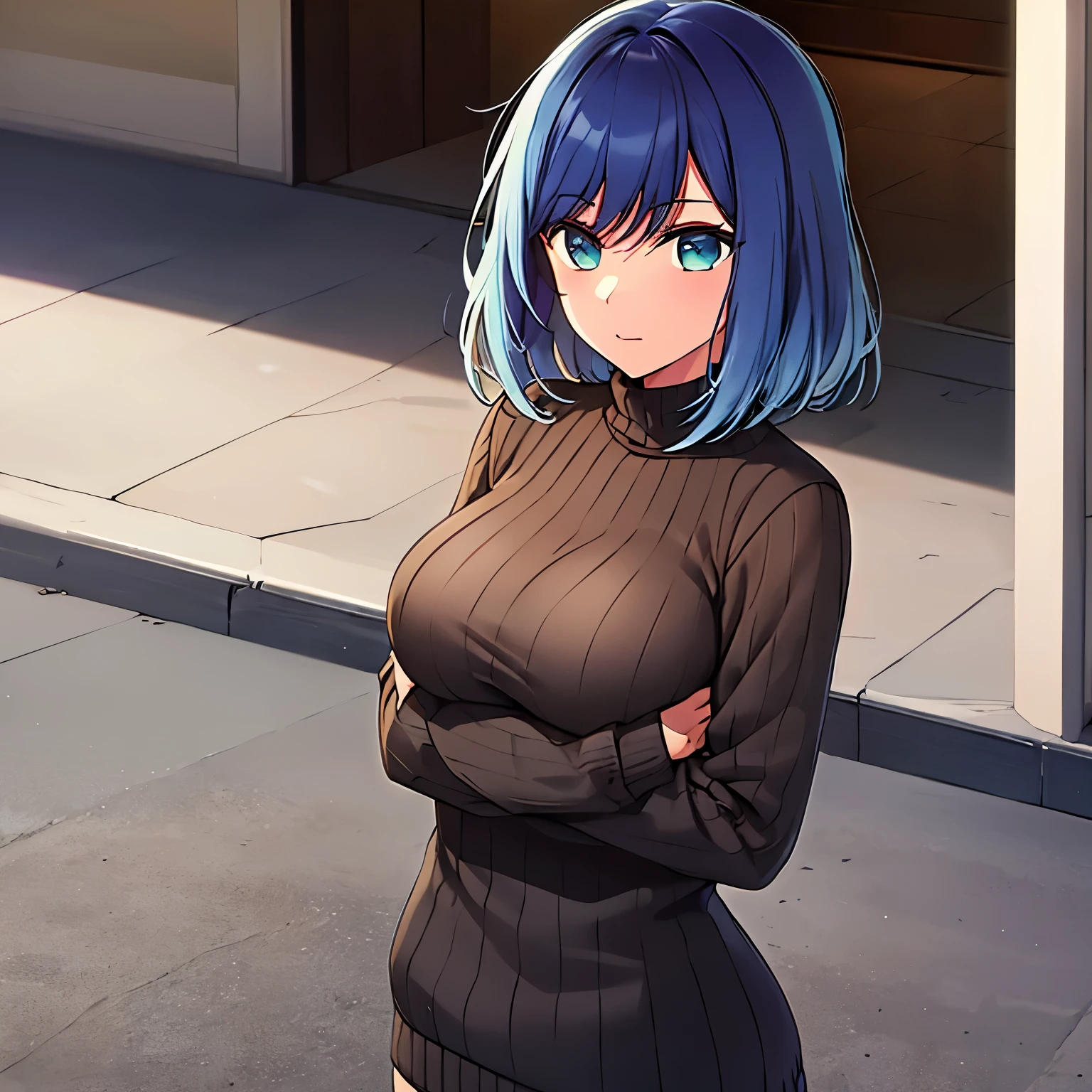 masterpiece, best quality, highres, 1girl, hmakane, blue hair, short hair, gradient hair, medium breasts, sweater dress, turtleneck, virgin killer sweater, standing, cowboy shot, street,