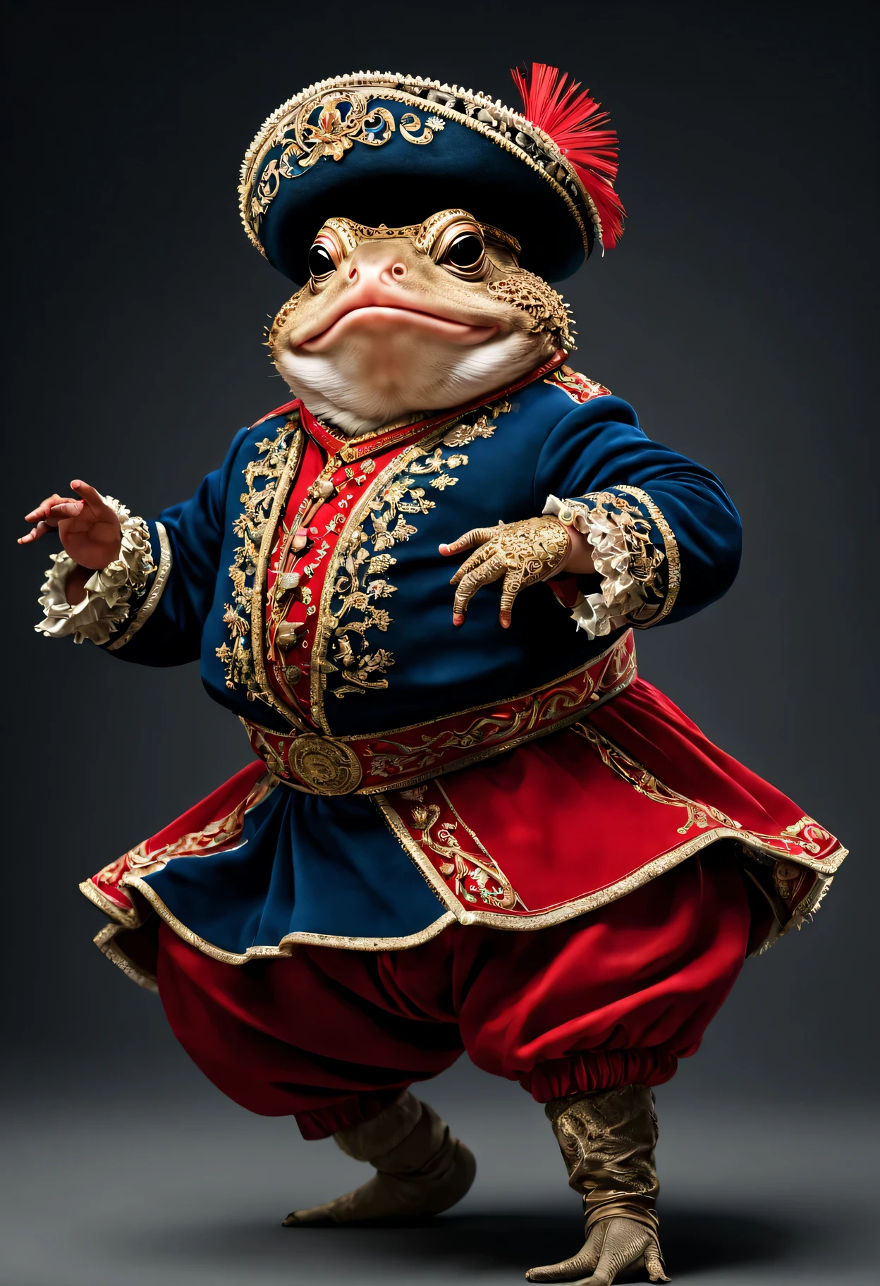 photorealistic portrait of Dressed animals - a fat  toad cossack dancer,(cossack dancing dynamic action pose),  high quality,(lovely) ,intricate details, highly detailed ((cossack dance costume)) ,highly detailed decorations,, (happy), studio lighting,(full body image:1.5)