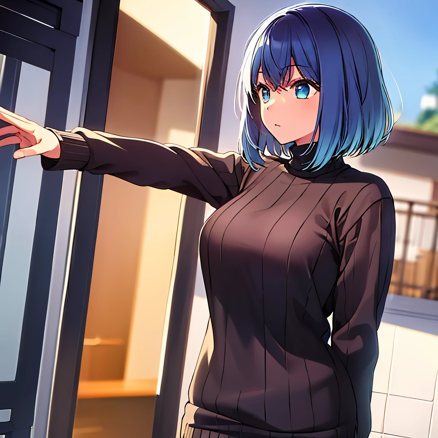 masterpiece, best quality, highres, 1girl, hmakane, blue hair, short hair, gradient hair, medium breasts, sweater dress, turtleneck, virgin killer sweater, standing, cowboy shot, street,