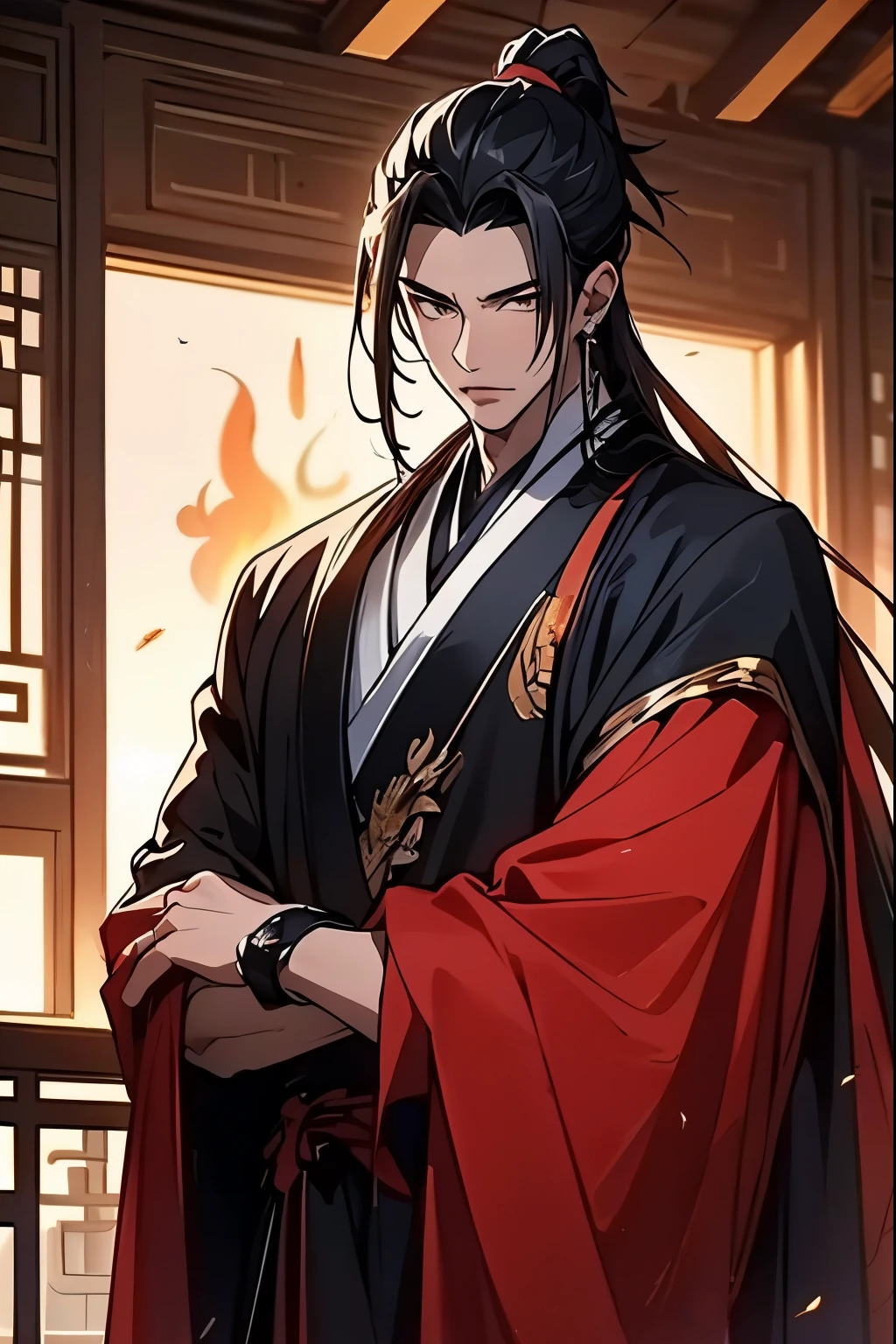(Best quality at best,A high resolution,The image is clear:1.2),Ultra detailed backgrounds,a man in black clothes,the only person,Hanfu,longer sleeves,Wide sleeves,asian architecture interior,,Dutch Angle Shot,电影灯光,Upper part of the body,Chinese furniture,action_lens,anime style