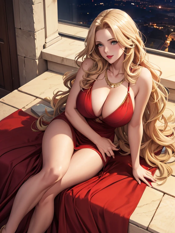 Beautiful woman with long wavy blonde hair light eyes red lips firm body perfect breasts evening dress sitting view from above red lips gold necklace on hill at dusk