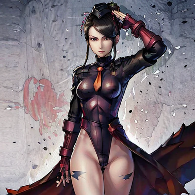 ultra-detailed, Explicit, Beautiful body, Beautiful Nose, Beautiful character design, perfect eyes, perfect face, ultra highres, 4K, beautiful legs, perfect legs, Nice hands, Perfect hand, Masterpiece, Best Quality, Highly detailed, illustration, absurdres, street fighter, doll suit, shadaloo doll, dollsuit, expressionless, blank eyes, looking at viewer, red gloves, emotionless, black latex, corrution, mind control, female combatant, full body, hypnotized, unhappy trance, full body suit, ribbed bodysuit, both arms at side, obey, perfect female body, extremely glossy latex, hypnosis, hypnoLora, empty eyes, Mind control device, poses, submissive_pose, Slave, hat, necktie, stand up straight, standing, standing at attention, hat, necktie, belt, latex, ribbed bodysuit, thighhighs, garter belt, Fighting Stance, extending the right arm from the shoulder into the air with a straightened hand, nazi saluting, military, military saluting, salute, thigh boots, solo, 1girl, Nohime, Sengoku BASARA, black hair, braid, long hair, purple eyes, flower