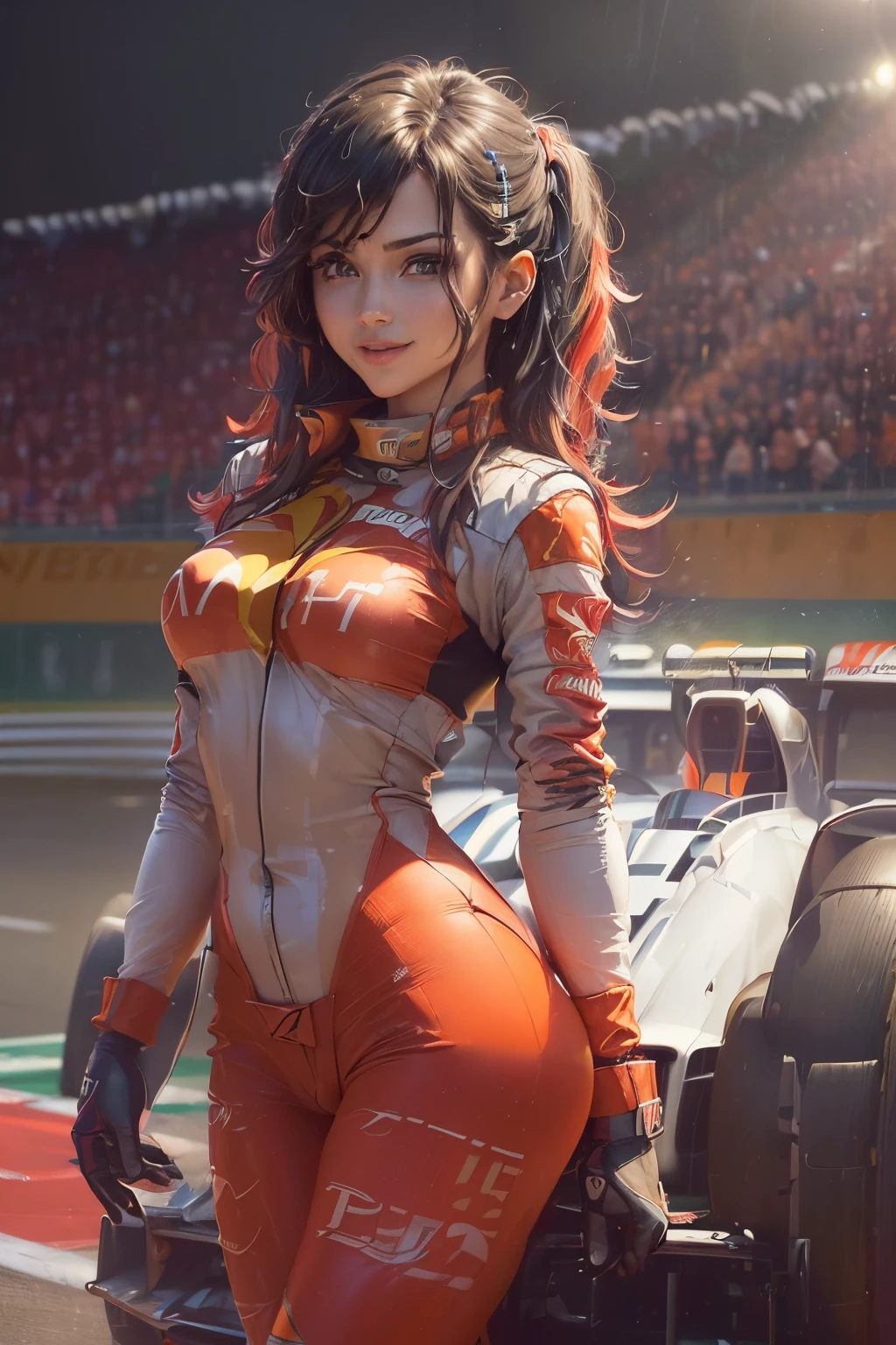 ((cuerpo completo):2) (({only one Women}:1.2):{((Dressed in red Formula 1 racer suit)1.2), ((Cabello largo y azul hasta los hombros, Brillantes ojos verdes) 1.3), ((Making an erotic pose in a Formula 1 car, Mirando al espectador, sonriente):1.3), ((senos extremadamente grandes):1.2)}, \n (({Hipodromia of Formula 1 racing, es de noche, lloviendo intensamente, Several people are in the stands}):1.3), anime, Anime style, 16k, ((La mejor calidad, Detalles altos):1.4), Obra maestra, UHD