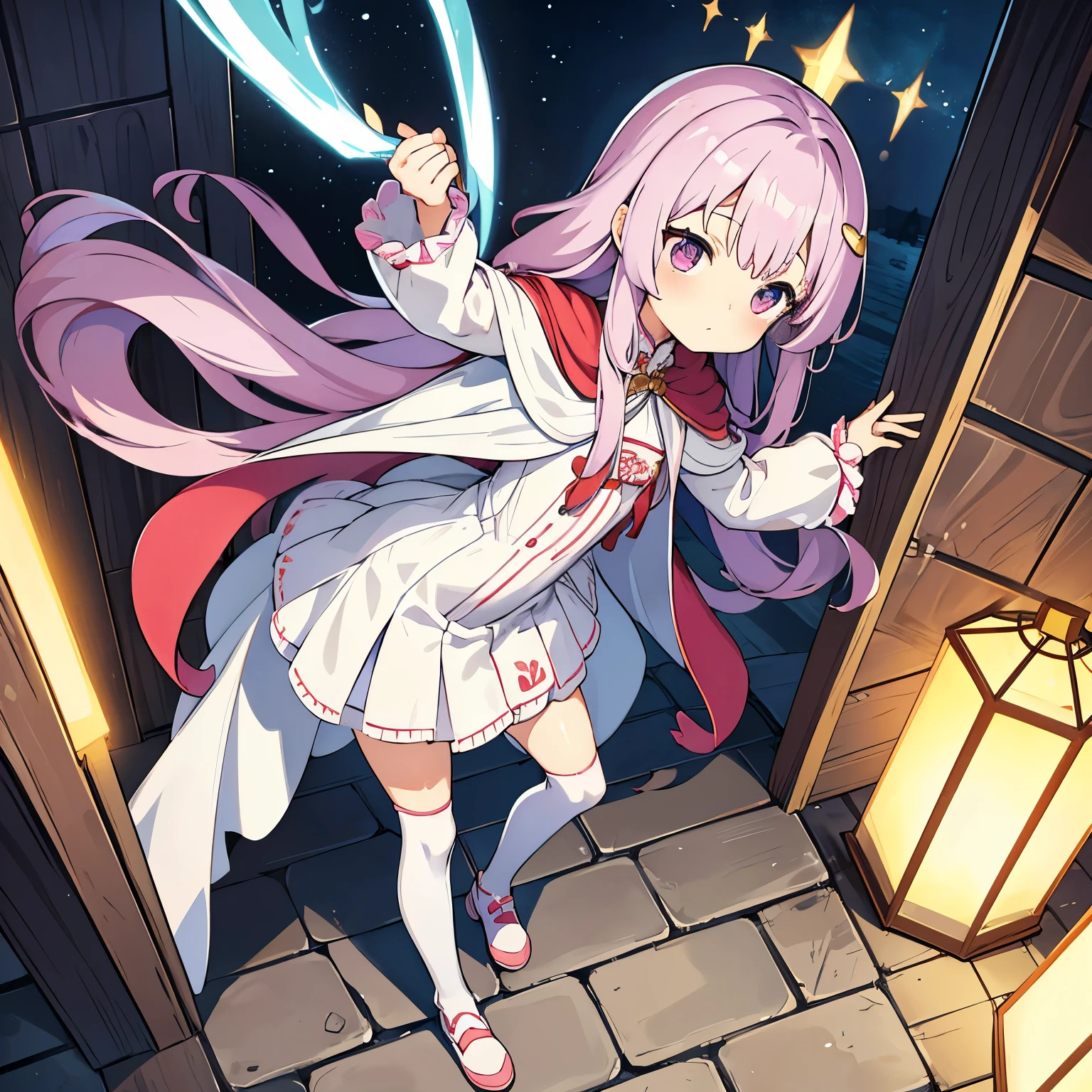 small loli，Have long hair and plum hairpins。She wore a tight dress，With white gloverown cape、White knee-high socks and bootudes an innocent and lovely atmosphere，holding a spear in hand