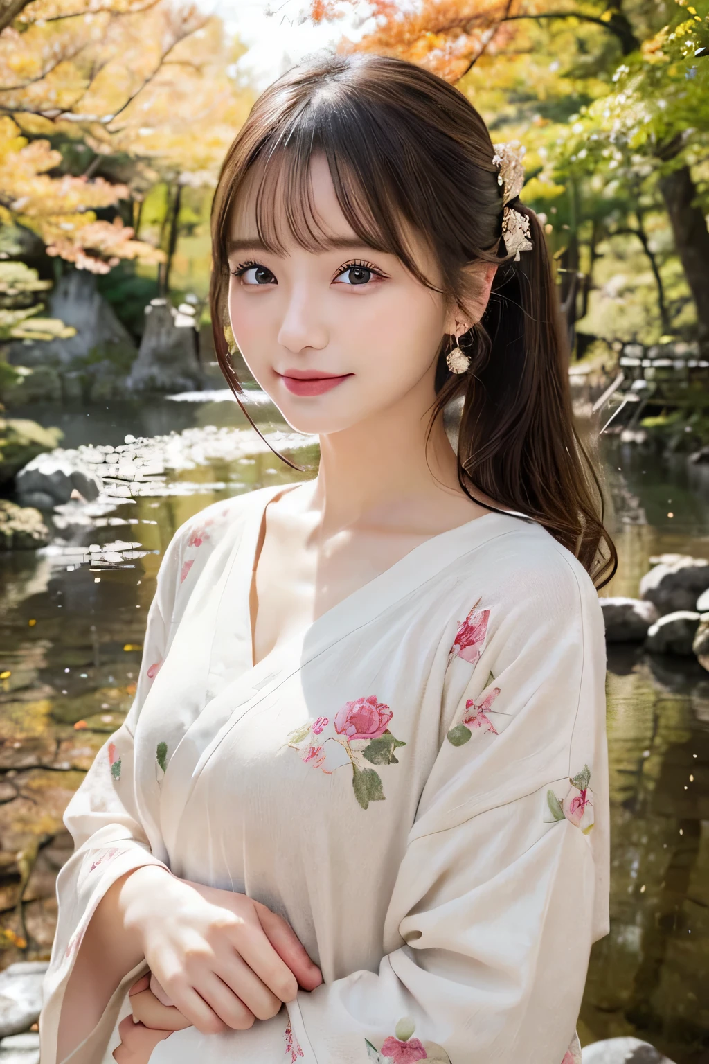 (A hyper-realistic), (illustratio), (hight resolution), (8K), (ighly detailed), (The best illustrationeautiful detailed eyes), (top-quality), (ultra-detailliert), (masterpiece), (wall-), (详细的脸), (beautiful smiling face)、(美丽的面容)、long、Earrings with bangs、独奏、(((Cute Japan Beautiful Girl)))、 Japan beautiful girl 25 years old))、 (())、(((G Cup Big)))agitation、real looking skin、Hair fluttering in the wind、date、autumnal、色の葉美しいautumnalの背景、、Cute clothes、Ponytail hair