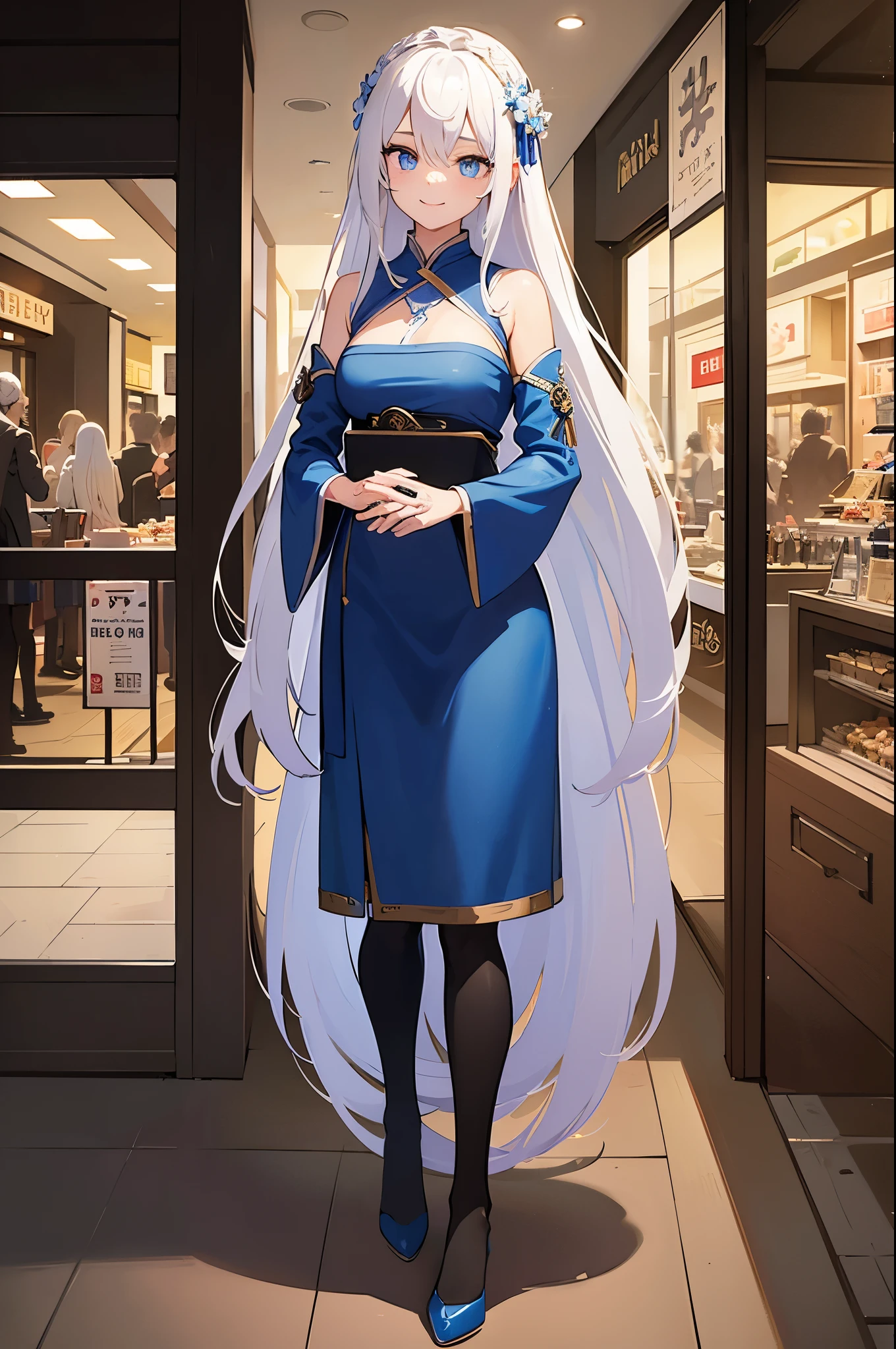 (Masterpiece), (Best Quality), (Super Detailed), (Dirty Hair), (Illustration), (1 Girl) (Long white Hair 1.5) (Blue Eyes) (blue inner hair), ((((No Shoulders))),Hanfu, (Looking at the Audience, (Interview), ( Background), Beautiful and Delicate Eyes, Delicate Beautiful Face, Soaring (High Saturation), Accent on Face, PerfectNwsjMajic, Shoulderless, fall clothes, facing the masses, perfect figure, happy, warm smile, full body, tights, shopping, mall,