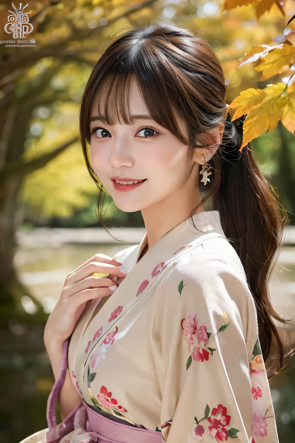 (A hyper-realistic), (illustratio), (hight resolution), (8K), (ighly detailed), (The best illustrationeautiful detailed eyes), (top-quality), (ultra-detailliert), (masterpiece), (wall-), (详细的脸), (beautiful smiling face)、(美丽的面容)、long、Earrings with bangs、独奏、(((Cute Japan Beautiful Girl)))、 Japan beautiful girl 25 years old))、 ((Baby face))、(((G Cup Big)))agitation、real looking skin、Hair fluttering in the wind、date、autumnal、色の葉美しいautumnalの背景、、Cute clothes、Ponytail hair