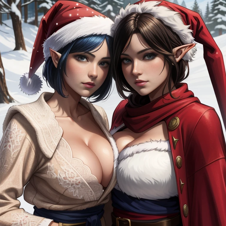 Zwei women in Santa hats posing for a picture in the snow, Alena Aenami und Lilia Alvarado, 4K post, 4 Tsd. post, Mia-Kalif, Elfen, 4K, 4 Tsd., Zwei, Santa, Sakimichan und Frank Franzzeta, Ayami Kojima und Lyde Caldwell, V aus Devil May Cry as an Elf