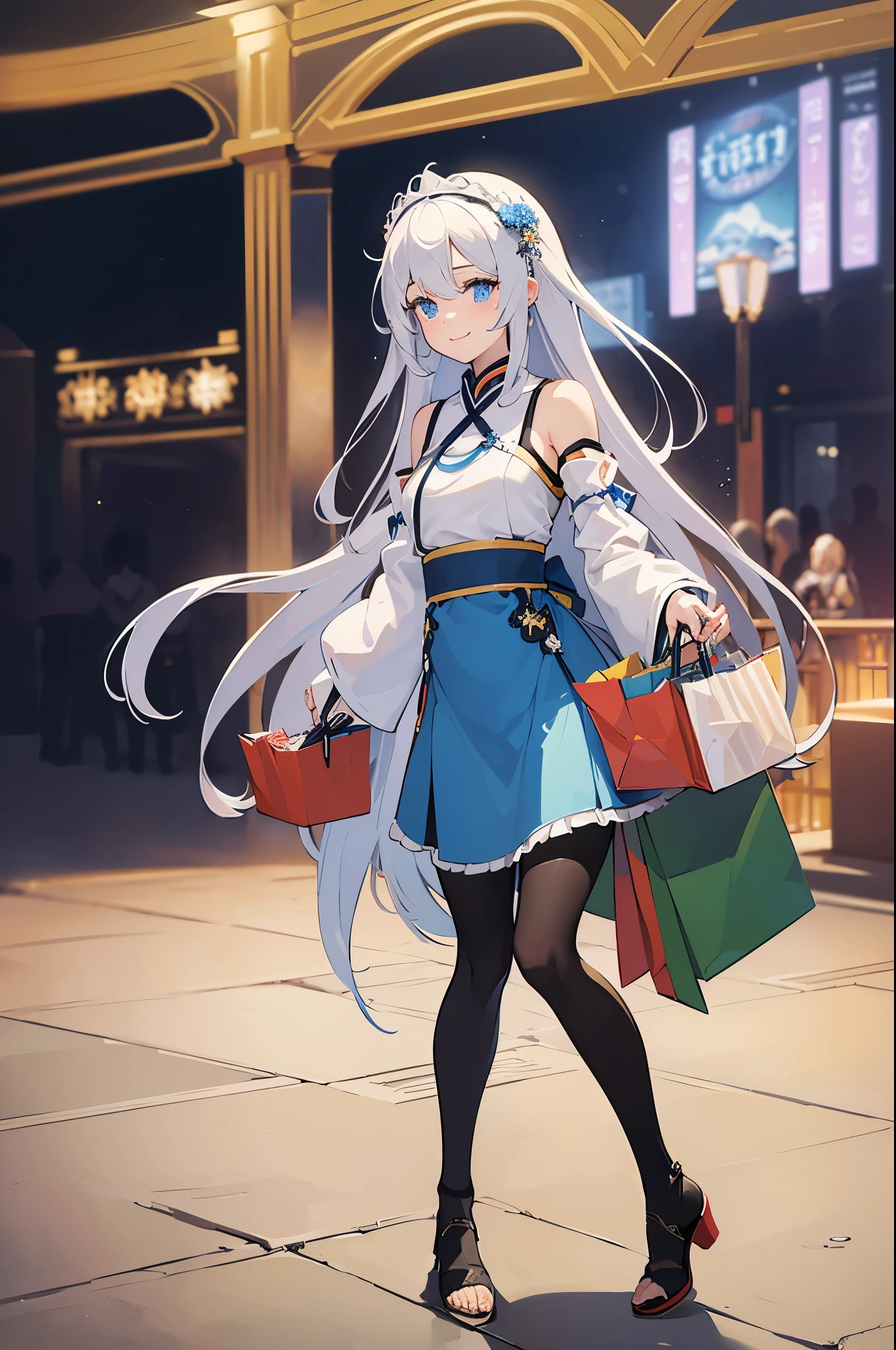 (Masterpiece), (Best Quality), (Super Detailed), (Dirty Hair), (Illustration), (1 Girl) (Long white Hair 1.5) (Blue Eyes) (blue inner hair), ((((No Shoulders))),Hanfu, (Looking at the Audience, (Interview), ( Background), Beautiful and Delicate Eyes, Delicate Beautiful Face, Soaring (High Saturation), Accent on Face, PerfectNwsjMajic, Shoulderless, fall clothes, facing the masses, perfect figure, happy, warm smile, full body, tights, shopping, mall,