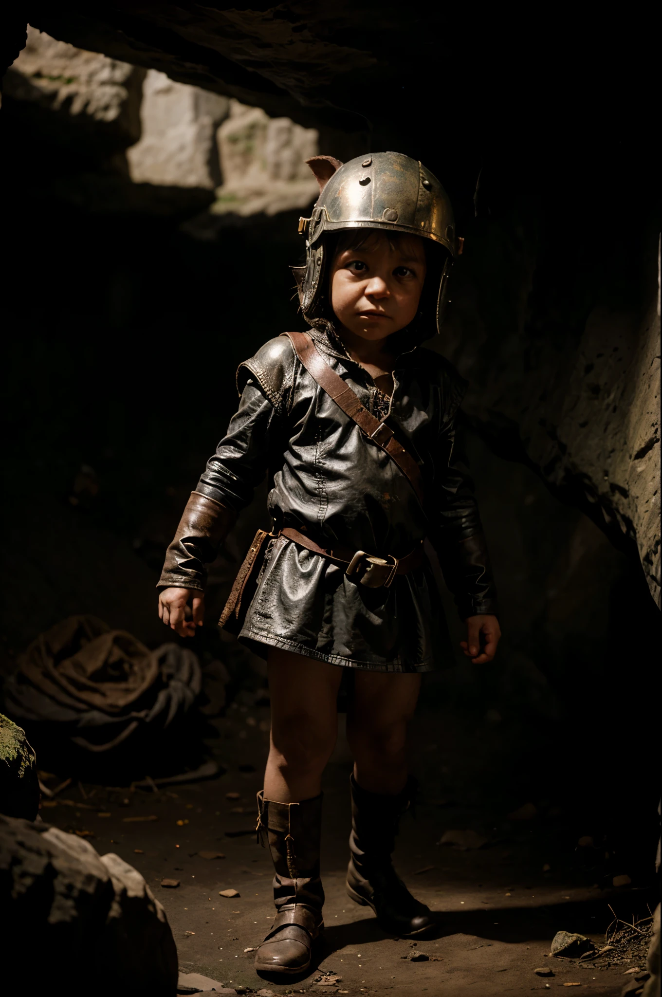 A medieval kid prince wear leather high boots brown and tied up a pole 