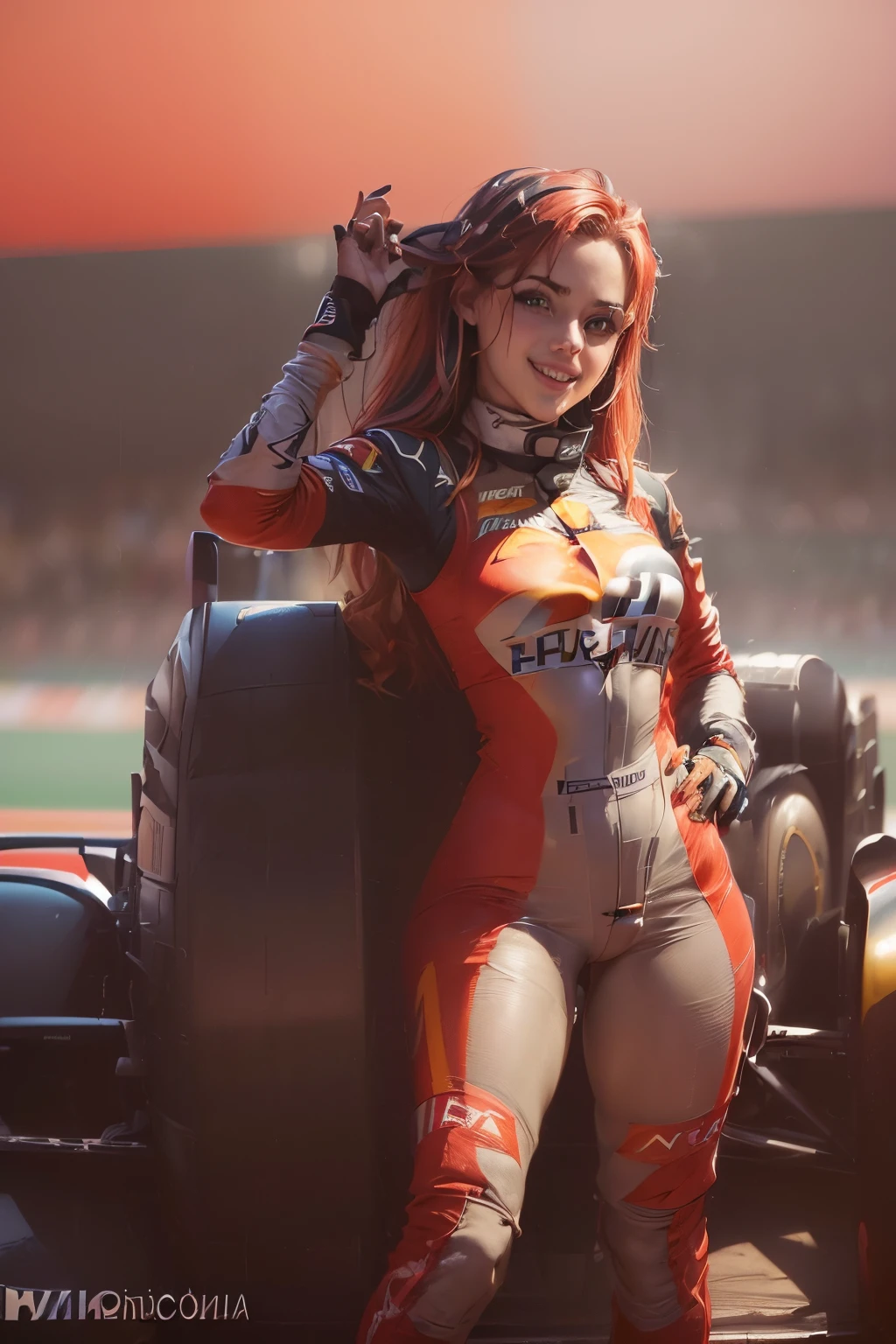 ((cuerpo completo):2) (({only one Women nude}:1.2):{((Dressed in red Formula 1 racer suit)1.2), ((Cabello largo y azul hasta los hombros, Brillantes ojos verdes) 1.3), ((Making an erotic pose in a Formula 1 car, Mirando al espectador, sonriente):1.3), ((senos extremadamente grandes):1.2)}, \n (({Hipodromia of Formula 1 racing, es de noche, lloviendo intensamente, Several people are in the stands}):1.3), anime, Anime style, 16k, ((La mejor calidad, Detalles altos):1.4), Obra maestra, UHD
