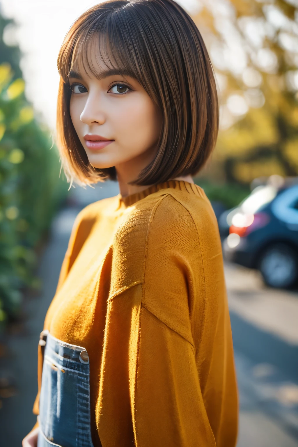 ((top-quality、in 8K、masterpiece:1.3))、foco nítido:1.2、Beautiful woman perfect body:1.4、Slim abs:1.2、((Bob Heyer、straight haired:1.2))、(Dark Orange Knitwear、denim:1.1)、(Sateen、a street:1.2)、wetbody:1.5、Three-dimensional texture、A detailed eye、Brown hair、Very shiny hair、posterior view、Hair quality improvement、Agricultural operations、Have a hoe