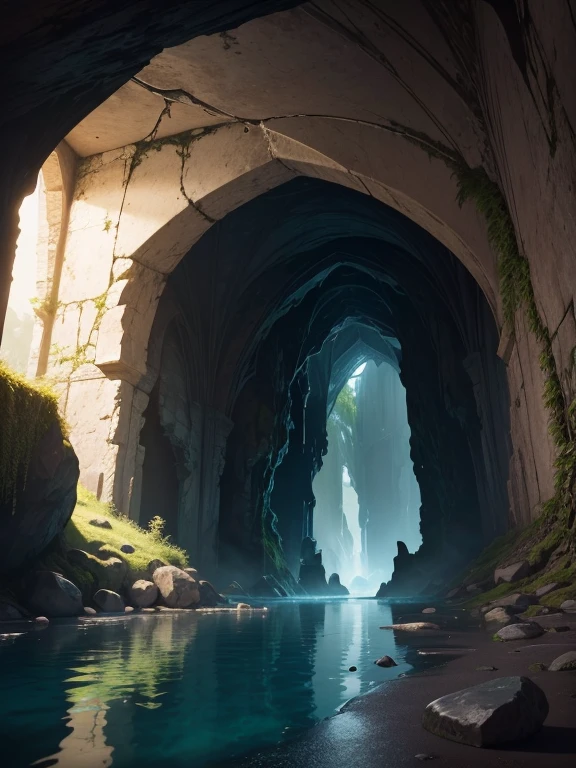 Underground cave,large room,opening leading to water pool,sign saying turn back,glowing water (best quality,highres:1.2),ultra-detailed,realistic:1.37, HDR,UHD,studio lighting,sharp focus,physically-based rendering,extreme detail description,professional, vivid colors,bokeh,landscape,moody atmosphere,dark tones,subtle light effects,mysterious shadows,rock formations,water reflection,ancient architecture,creeping vines,emerald green color, damp and humid environment.