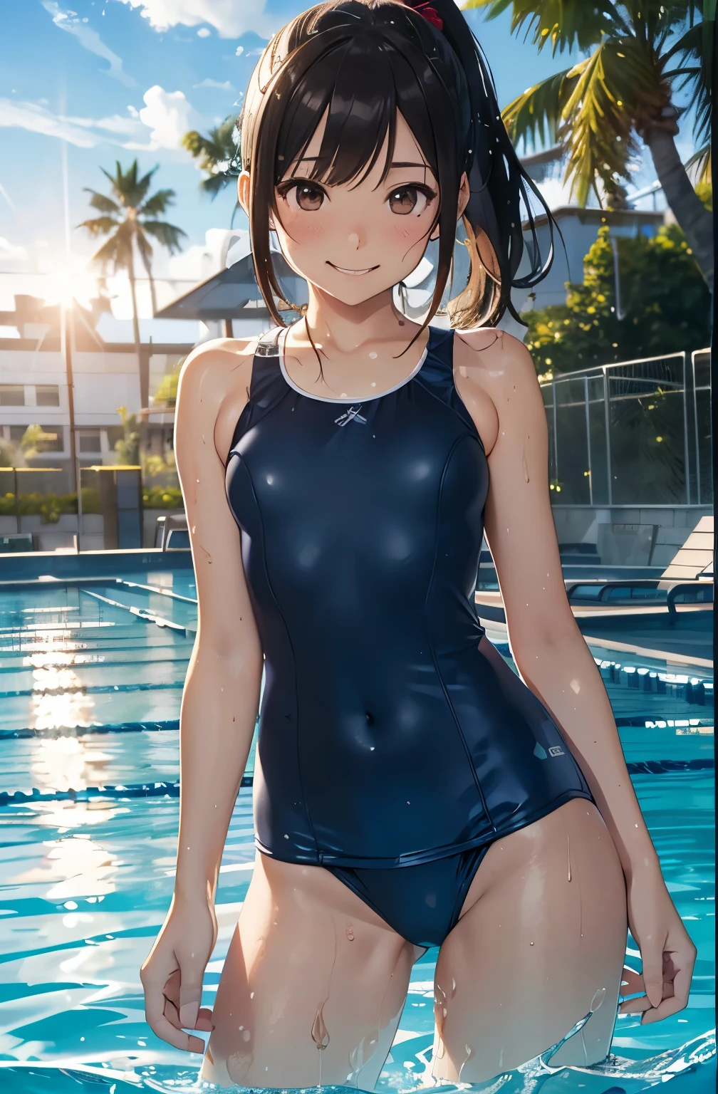 (masutepiece:1.2), (Best Quality:1.1), (hyper detailed illustration),(beautiful artwork), ager girl,(School swim wear), 1girl, (School Swimsuit:1.3), onepiece swimsuit, Outdoors, Long hair, Wet, Covered navel, Water, Black hair, (Big smile), Brown eyes, day, Small bust, Bangs, (Wet:1.1),(Water splash:1.1),Facing,(straggling hair),Ponytail,The swimsuit is wet,(Lens Flare),(Tsurime),(Sweat),(Bokeh:1.2),(brown eyes),cowboy shot,(evil smile),(NAVY BLUE school-swimsuit:1.3),sandy beach,(contrapposto),arched body,,navy-blue school-swimwear,brown eyes,black hair,(smile),