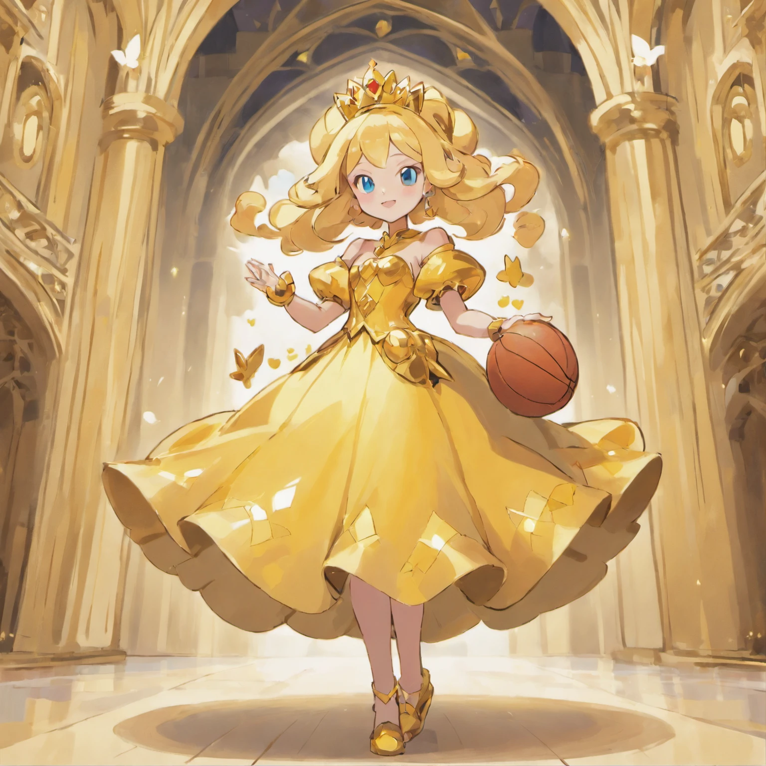A princess wearing a thick golden dress, She is holding a basketball in her hand, There are castles and palaces behind her, Gold is everywhere