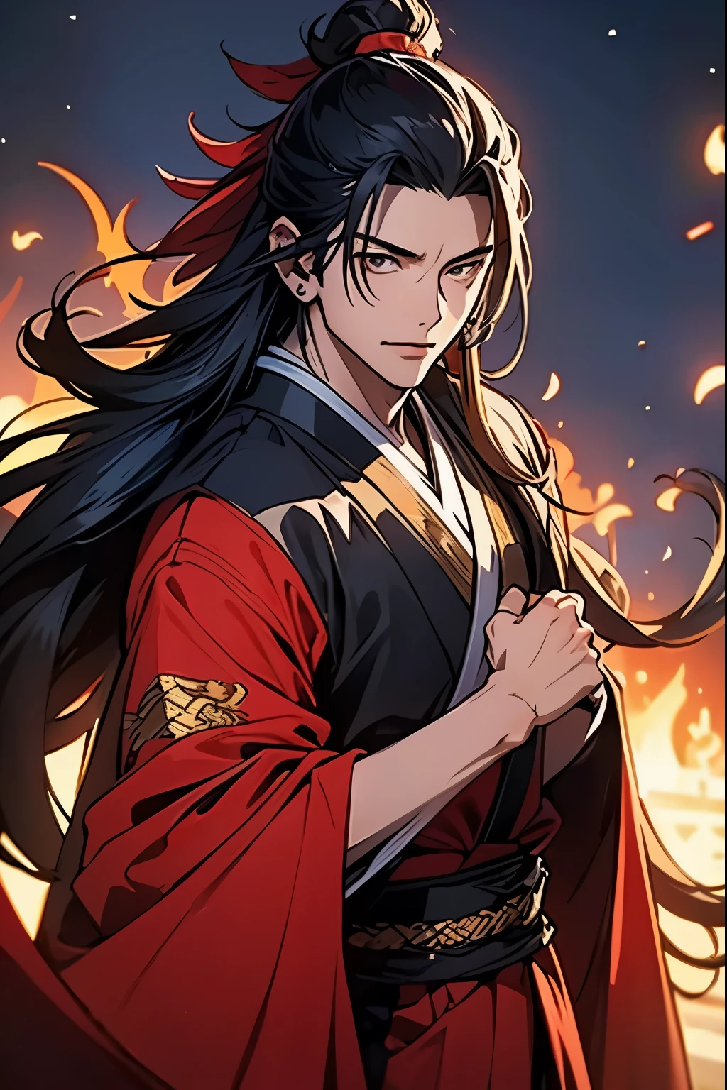 (Best quality,A high resolution,The image is clear:1.2),Ultra detailed backgrounds,A man in black,the only person,Hanfu,asian architecture interior,,Dutch Angle Shot,电影灯光,Upper part of the body