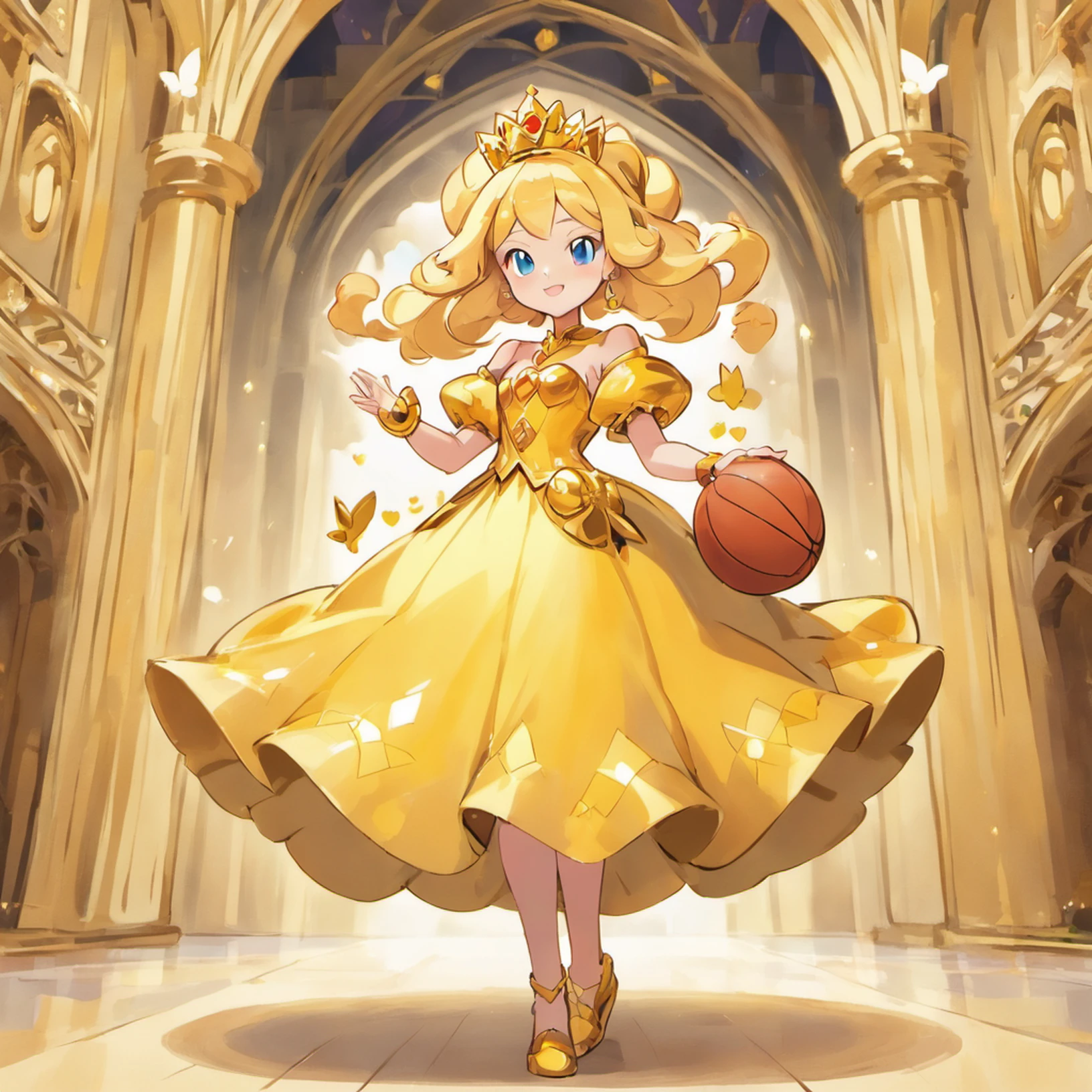 A princess wearing a thick golden dress, She is holding a basketball in her hand, There are castles and palaces behind her, Gold is everywhere
