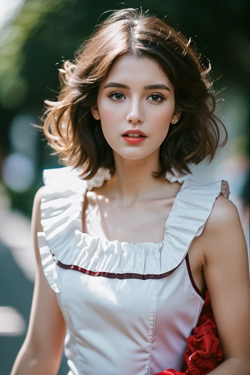short detailed hair, uh uh uh, (Focus sharp:1.2), photore, Attractive young woman, (pretty  face:1.1), 詳細な目, lusciouslipold red lip color:0.85), (medium:1.0), (slim:1.2), (long whitr hair:1.2), dressed in (1980s ruffle dress:1.2) in a (planties:1.2). (moody light:1.2), depth of fields, bokeh, 4K, HighDynamicRange. elapse (James C. Christensen:1.2|JeremyLipking:1.1).